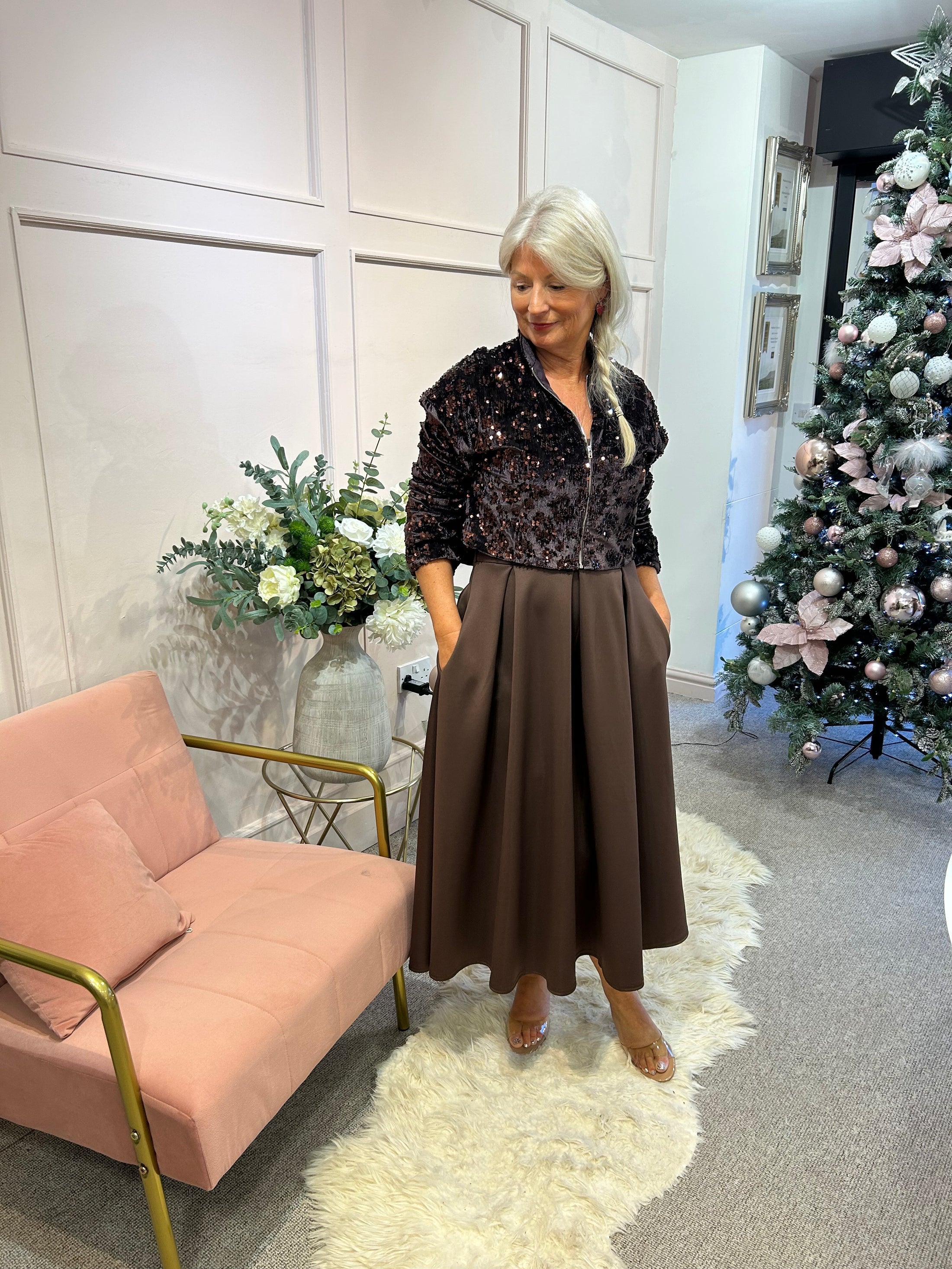 Cropped Sequin Zipped Jacket - Browns/Copper