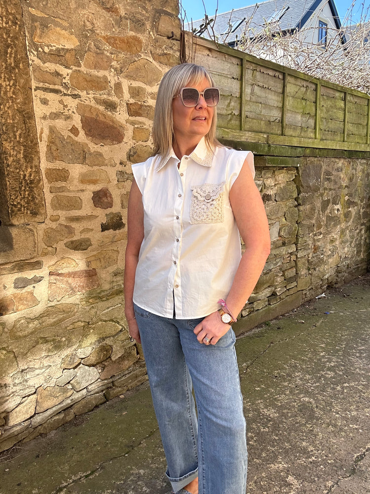 Crochet Collar Edged Sleeveless Shirt - Pale Cream