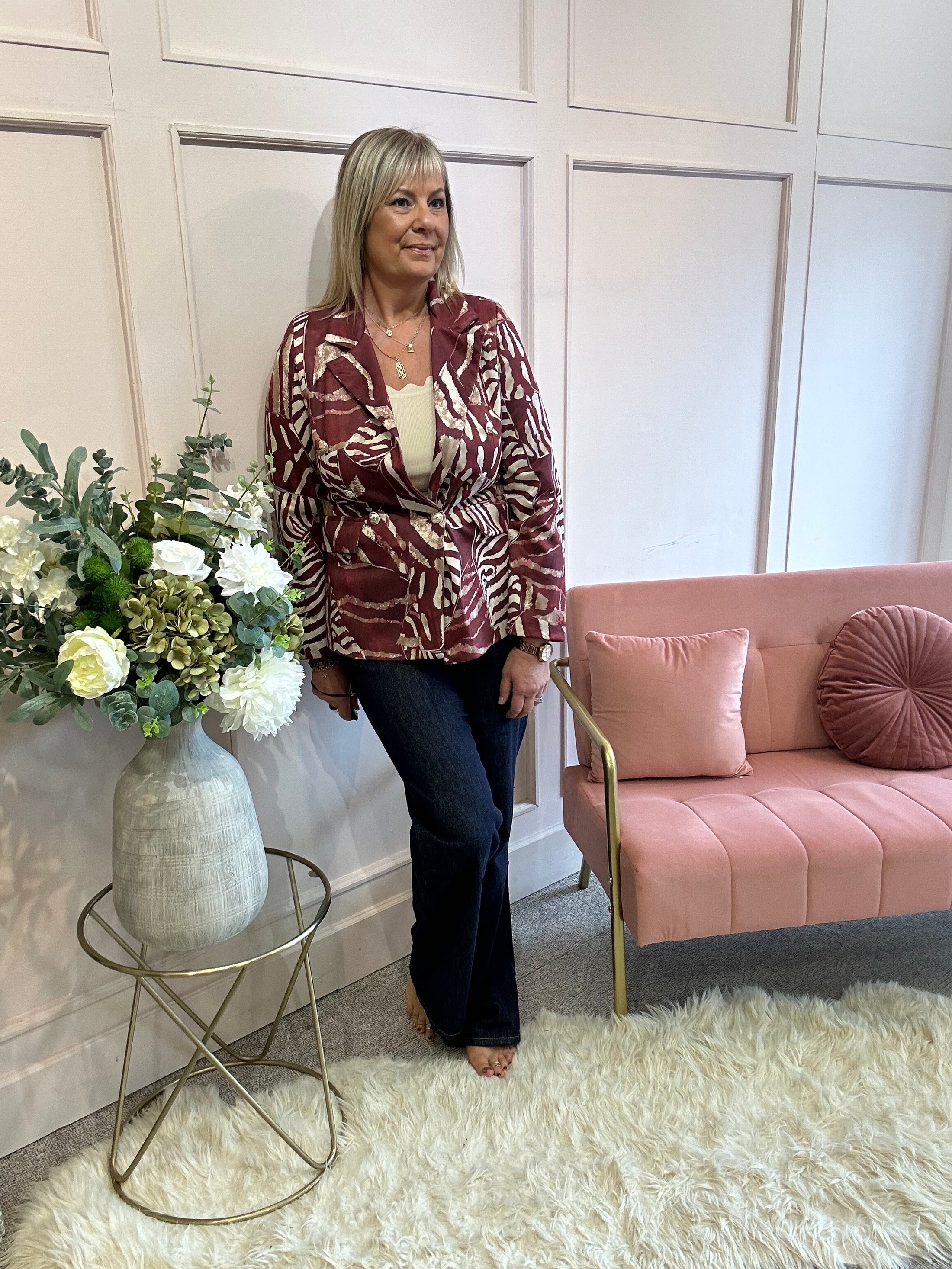 Leafy Double Breasted Jacket - Burgundy/Cream