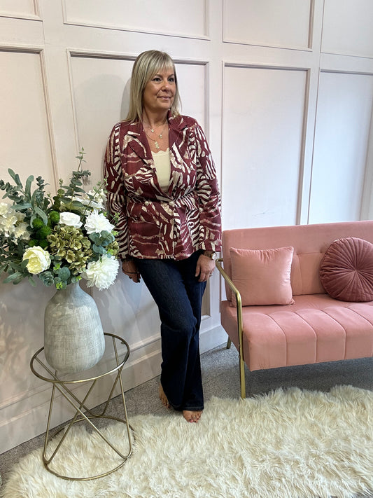 Leafy Double Breasted Jacket - Burgundy/Cream