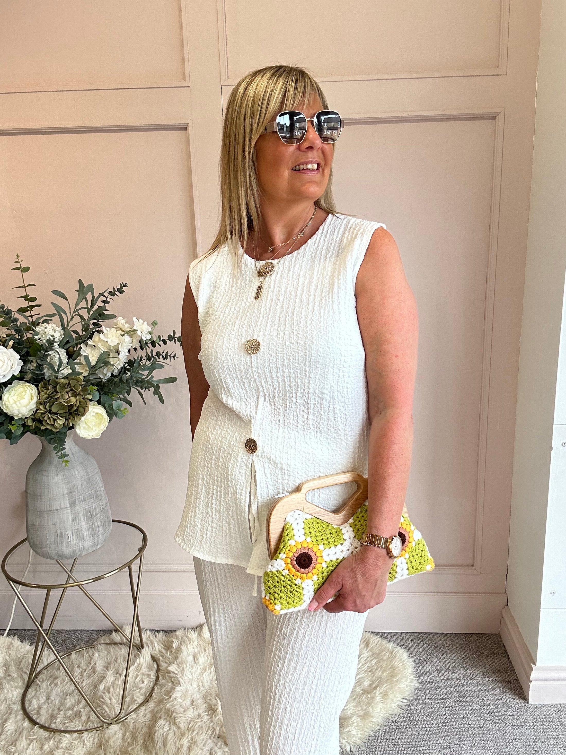 Waffle Effect Top & Pant Set - White - Wardrobe By Simone