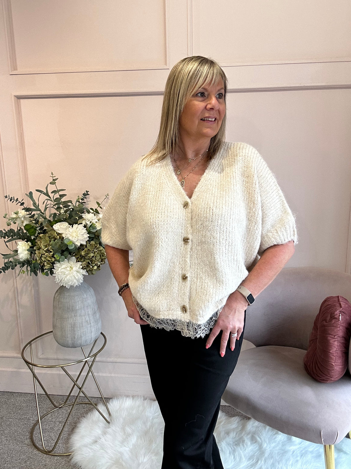 Lace Trim Cardigan - Soft Beige