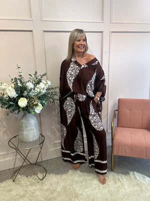 V Neck Top & Wide Pant Set - Brown/Cream