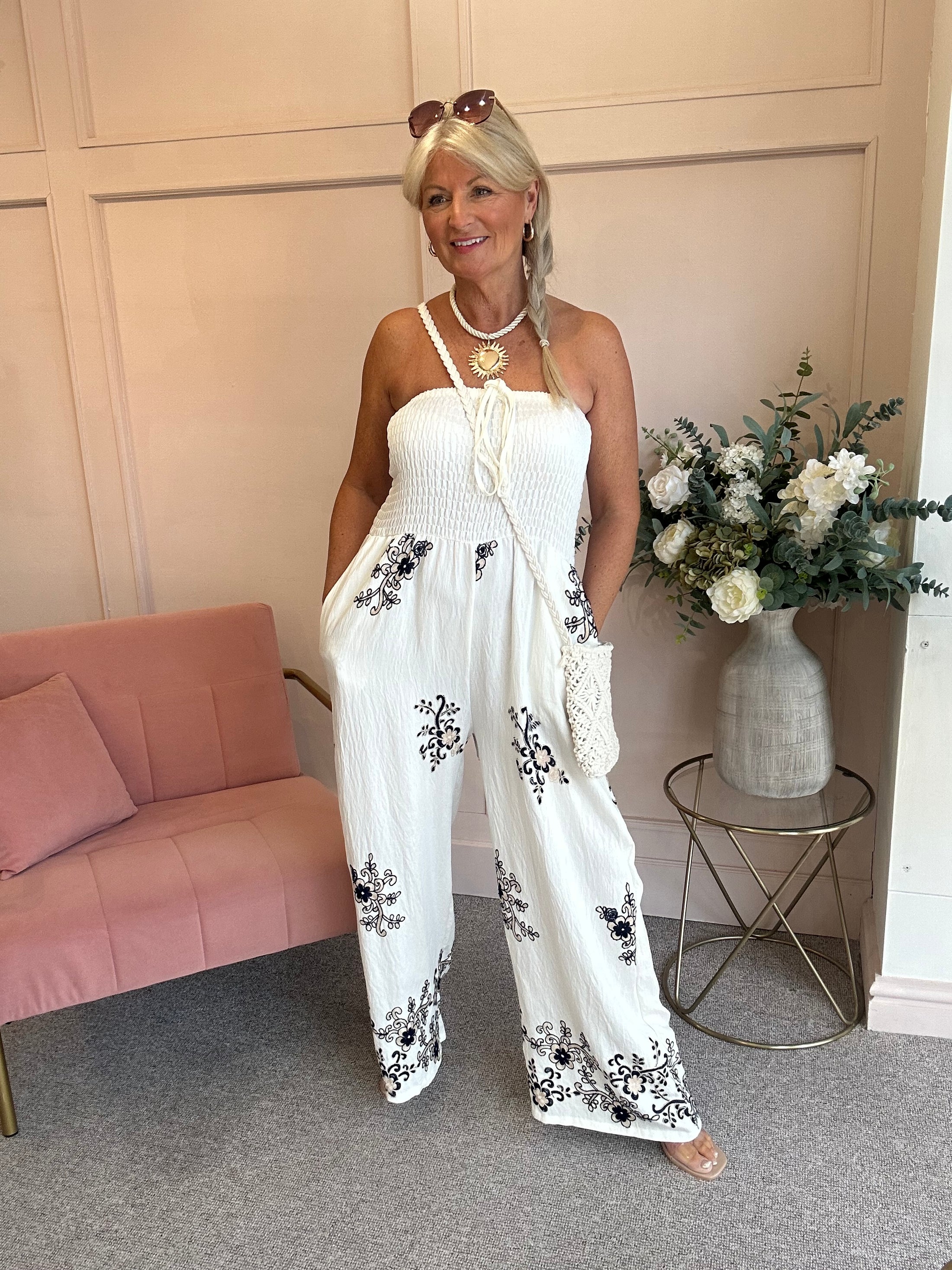 Floral Embroidered Detailed Jumpsuit - Cream/Black - Wardrobe By Simone
