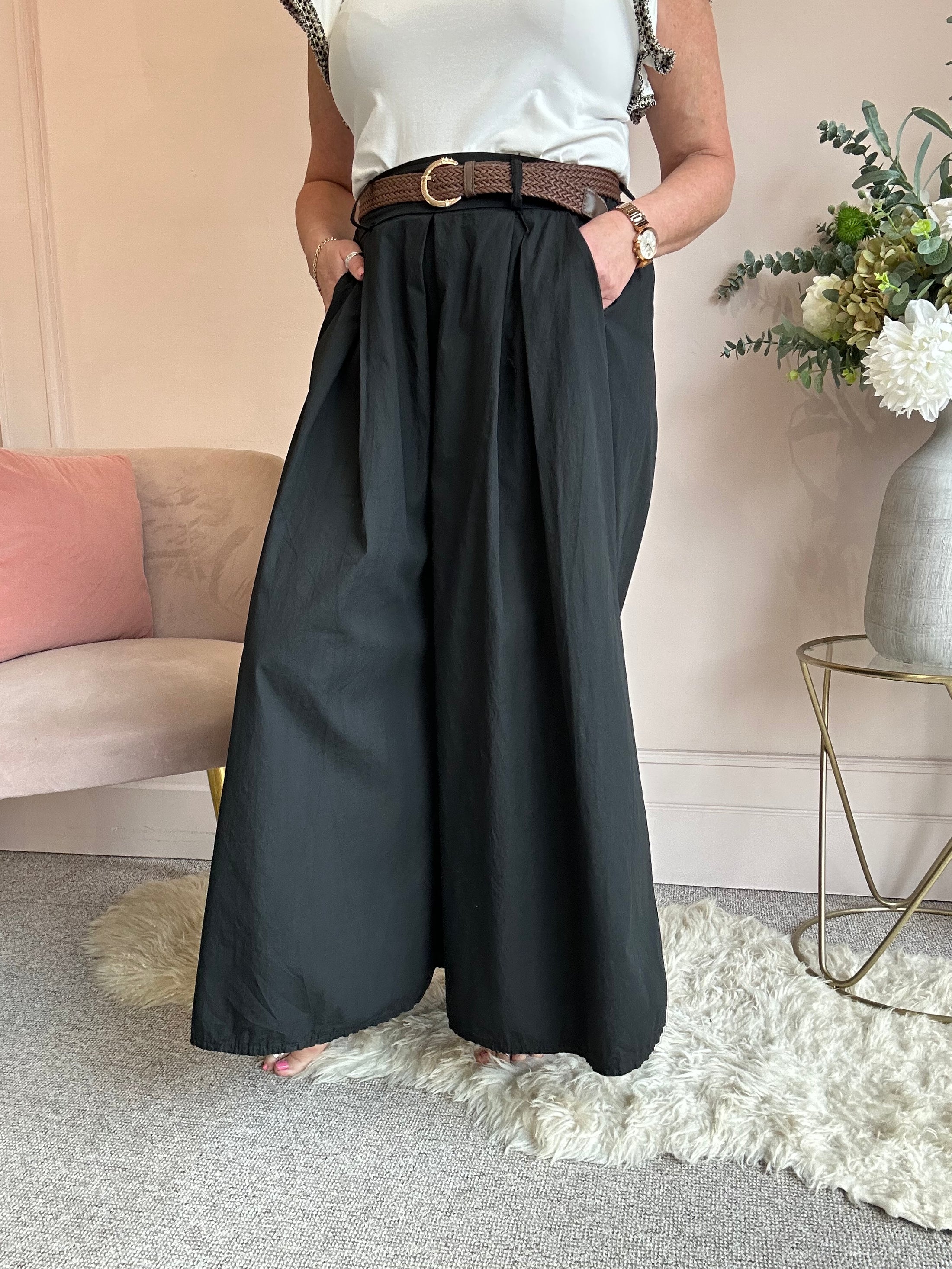 Belted Palazzo Wide Pant - Black - Wardrobe By Simone