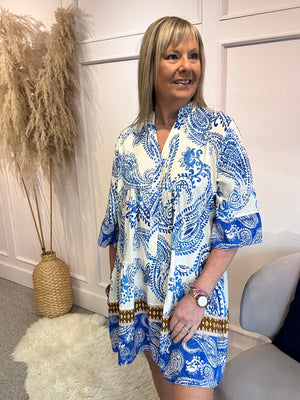 Floral Paisley Smock Tunic Dress - Blue/White - Wardrobe By Simone