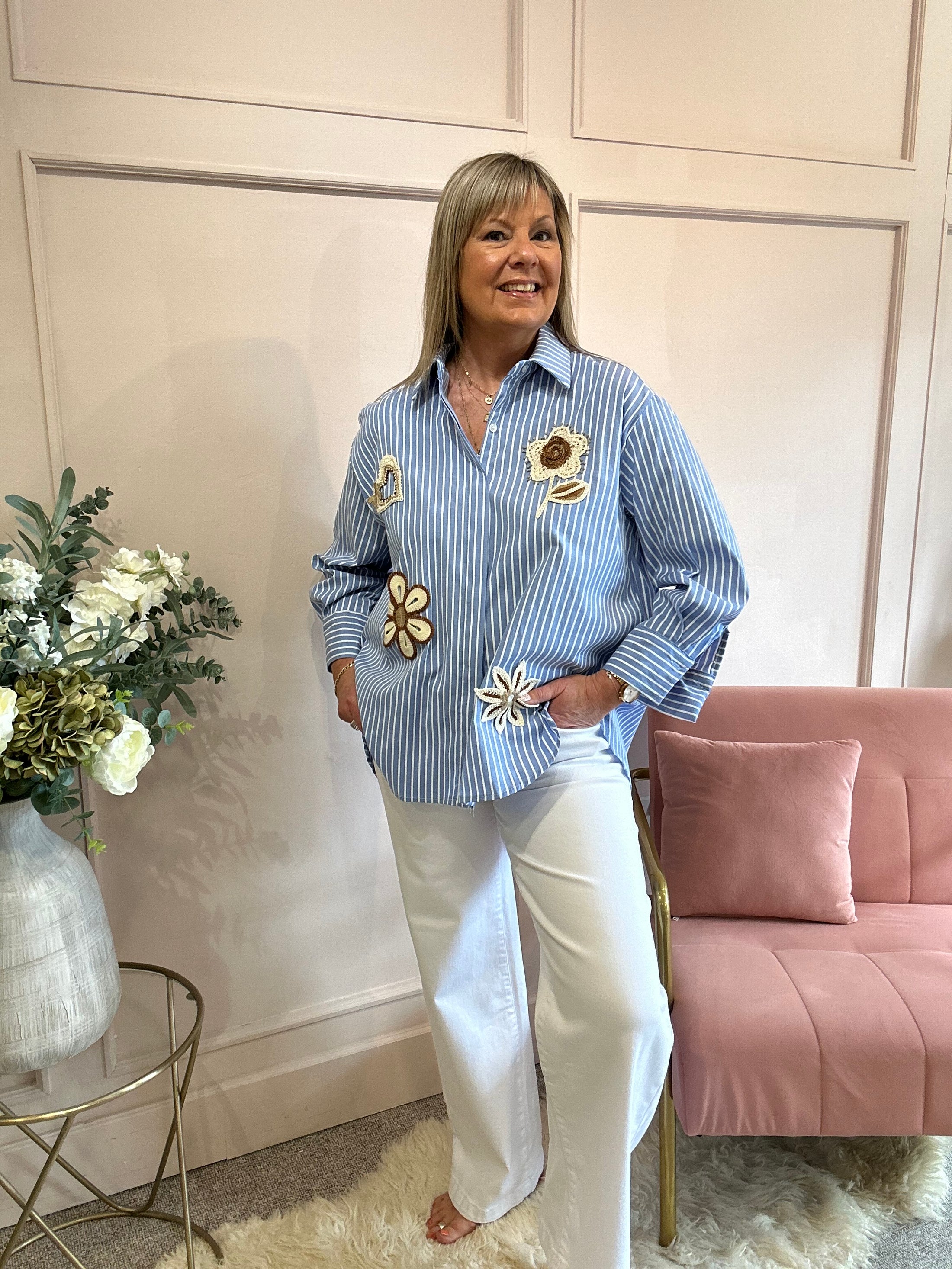 Crochet Detailed Blue & White Striped Shirt  - Blue/White - Wardrobe By Simone