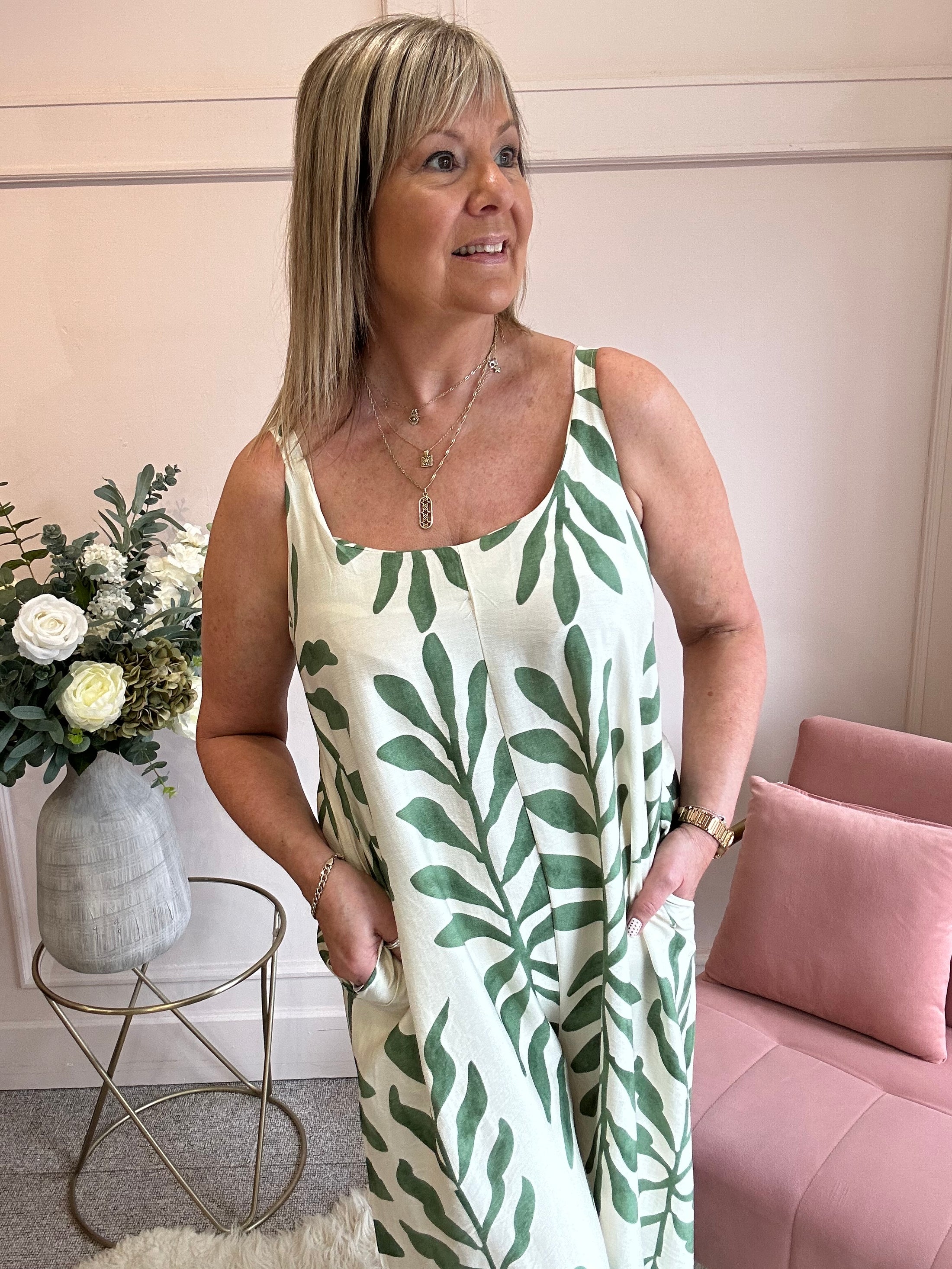 Botanical Dungarees - Cream/Green - Wardrobe By Simone