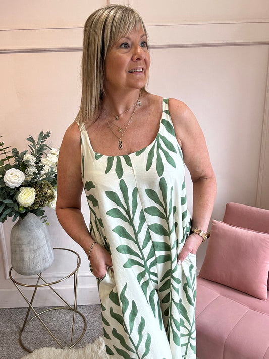 Botanical Dungarees - Cream/Green - Wardrobe By Simone