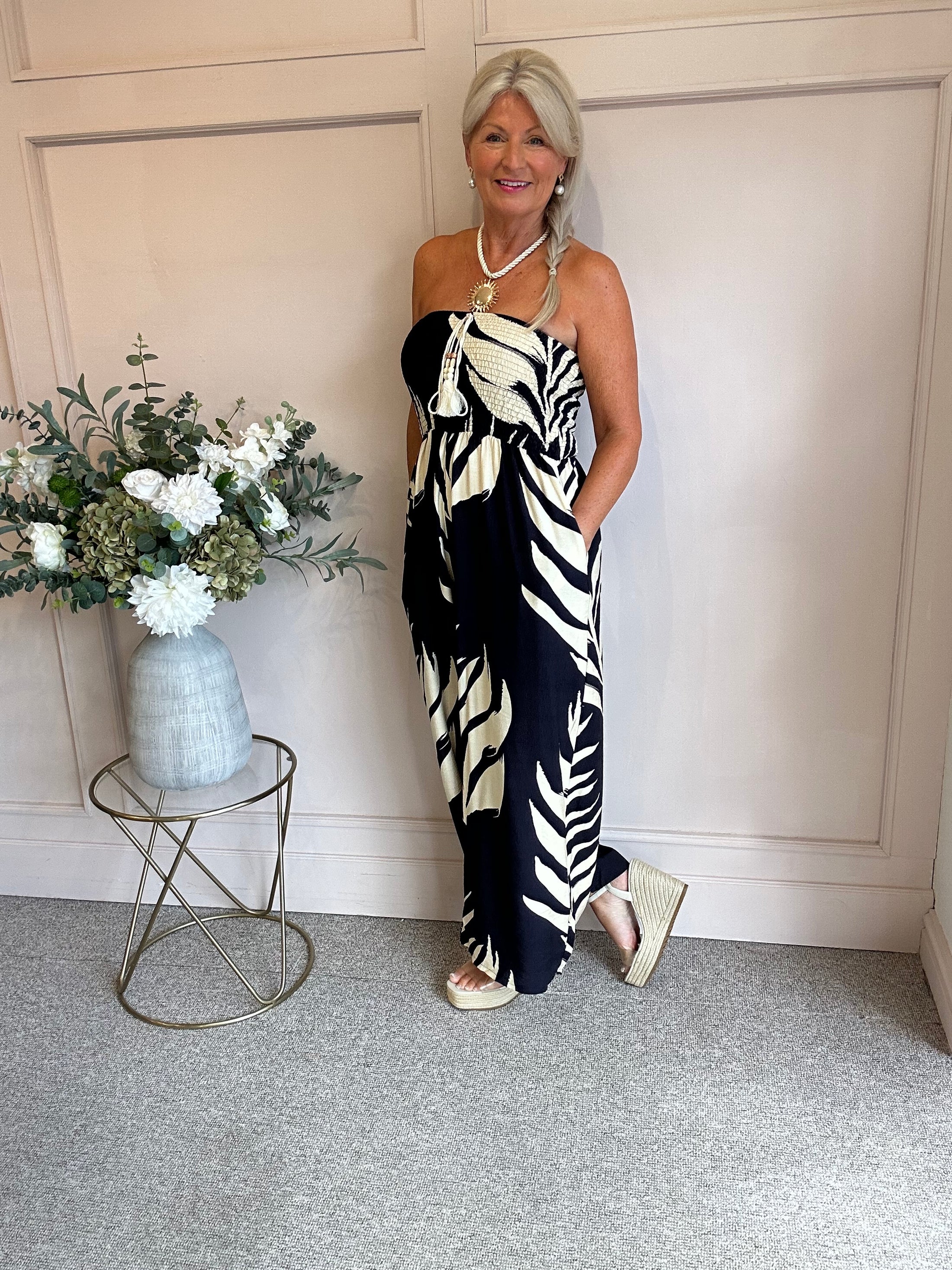 Strapless Leafy Print Jumpsuit - Navy/Cream - Wardrobe By Simone