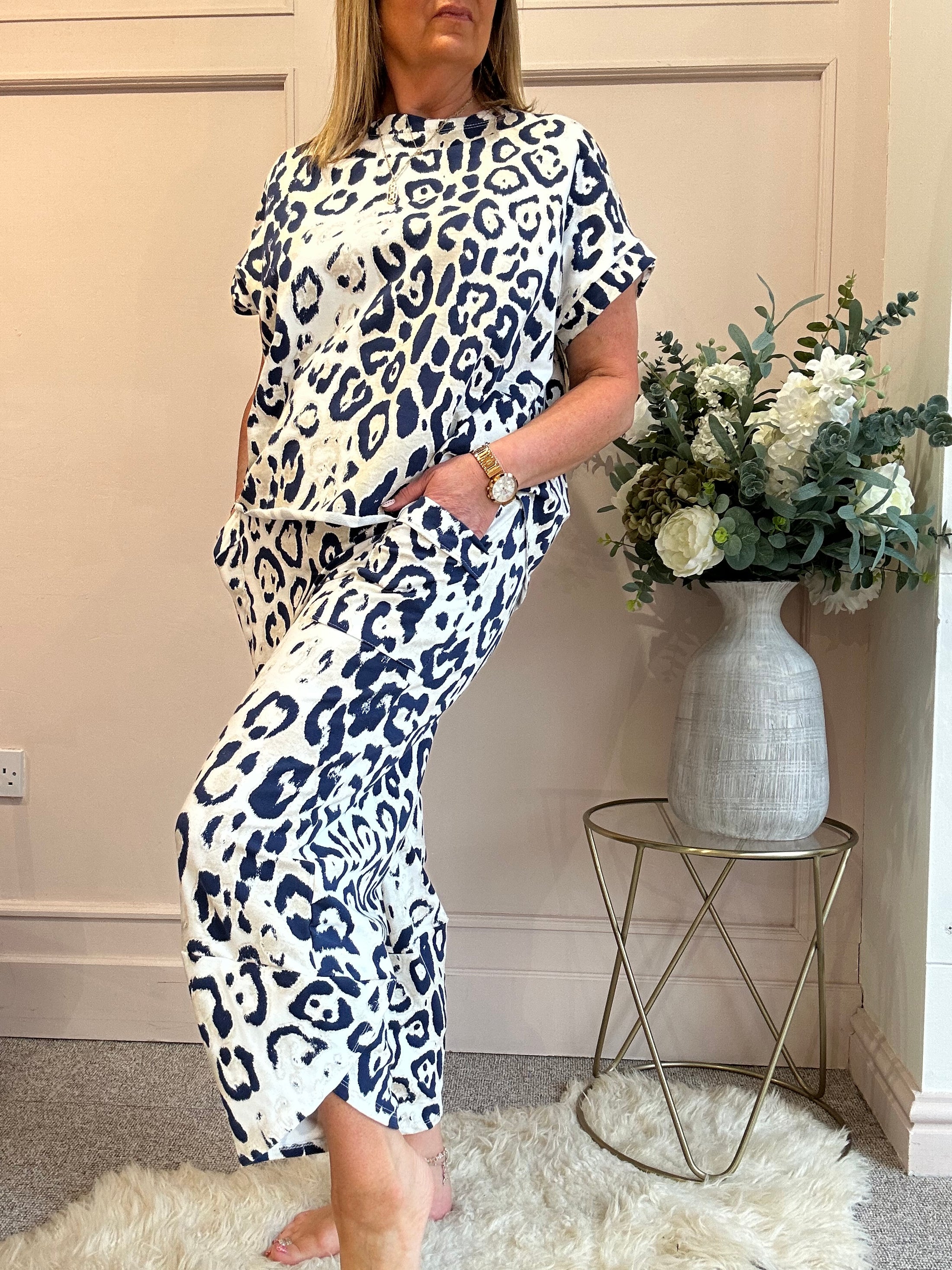 Leopard Short Sleeved Top - Navy/Cream - Wardrobe By Simone