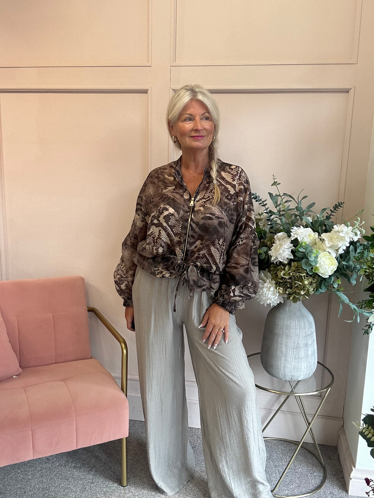 Lightweight Snake Print Zip Jacket - Brown/Cream - Wardrobe By Simone