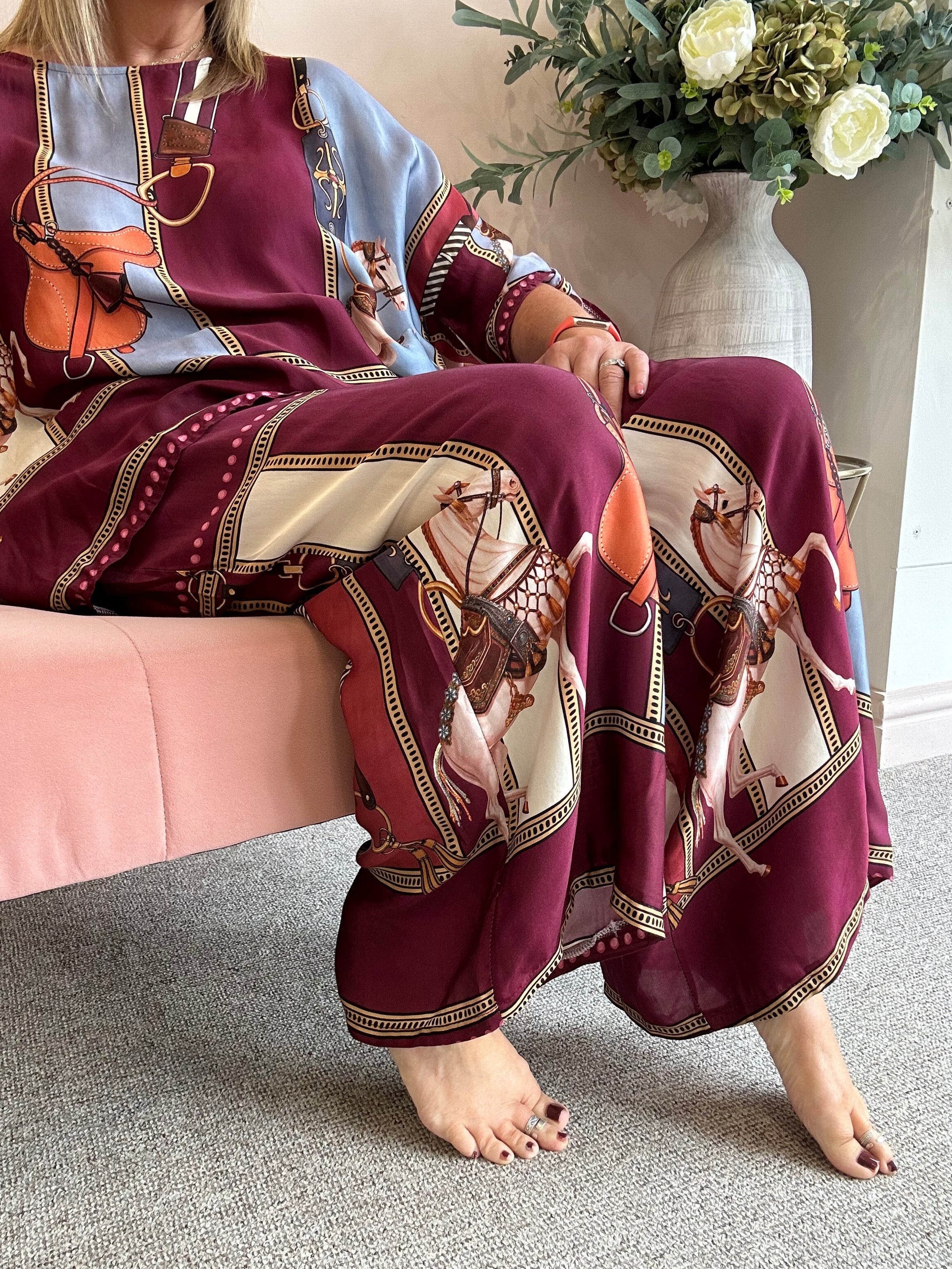 Horse & Bridle Silk Wide Pant - Burgundy/Blue - Wardrobe By Simone