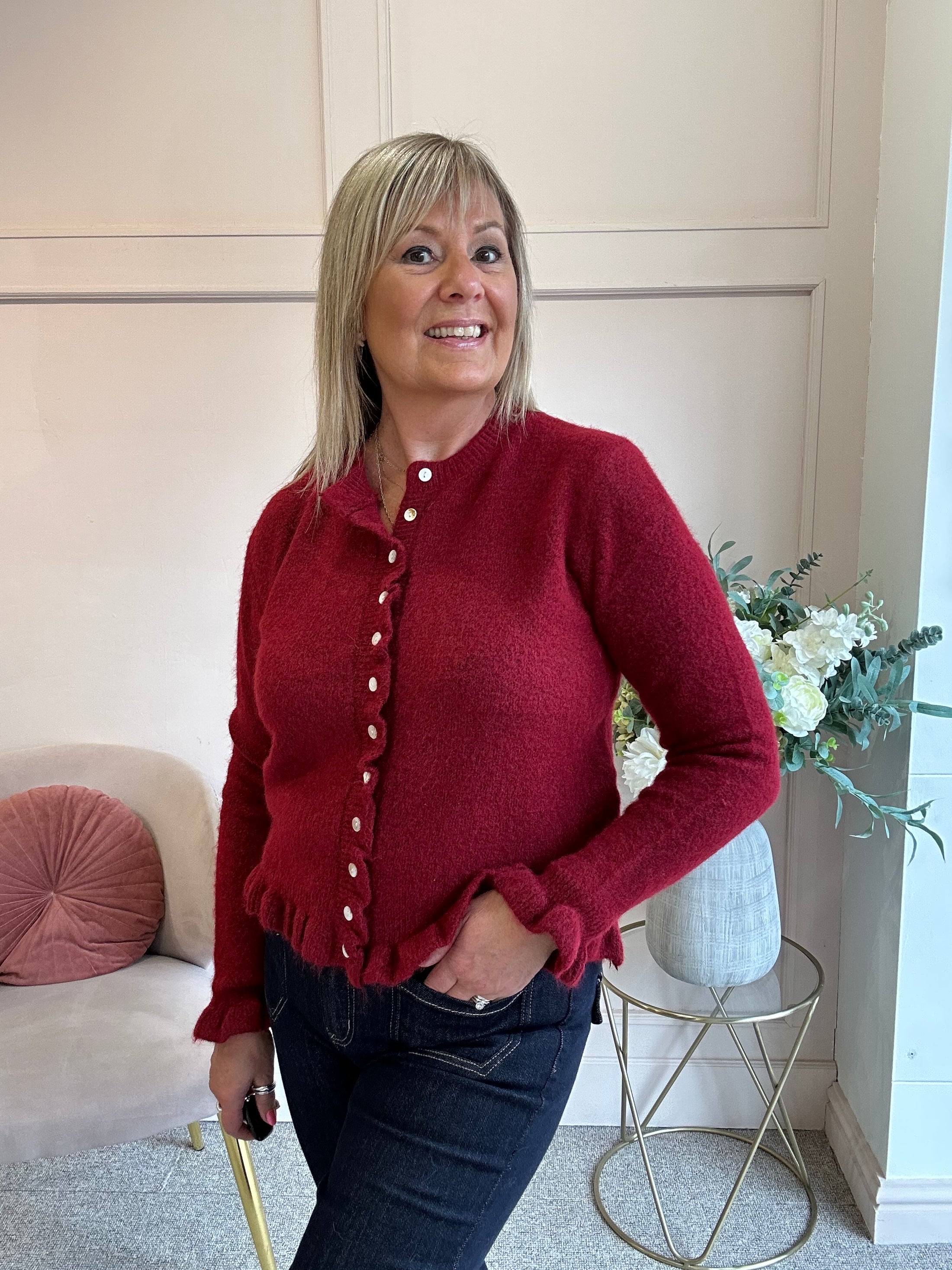 Frill Edge Cardigan - Burgundy