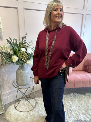 Cosy Leopard Tie Hoody  - Burgundy