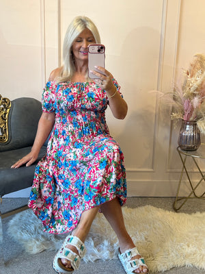 Floral Bloom Midi Dress - Pinks/Blues