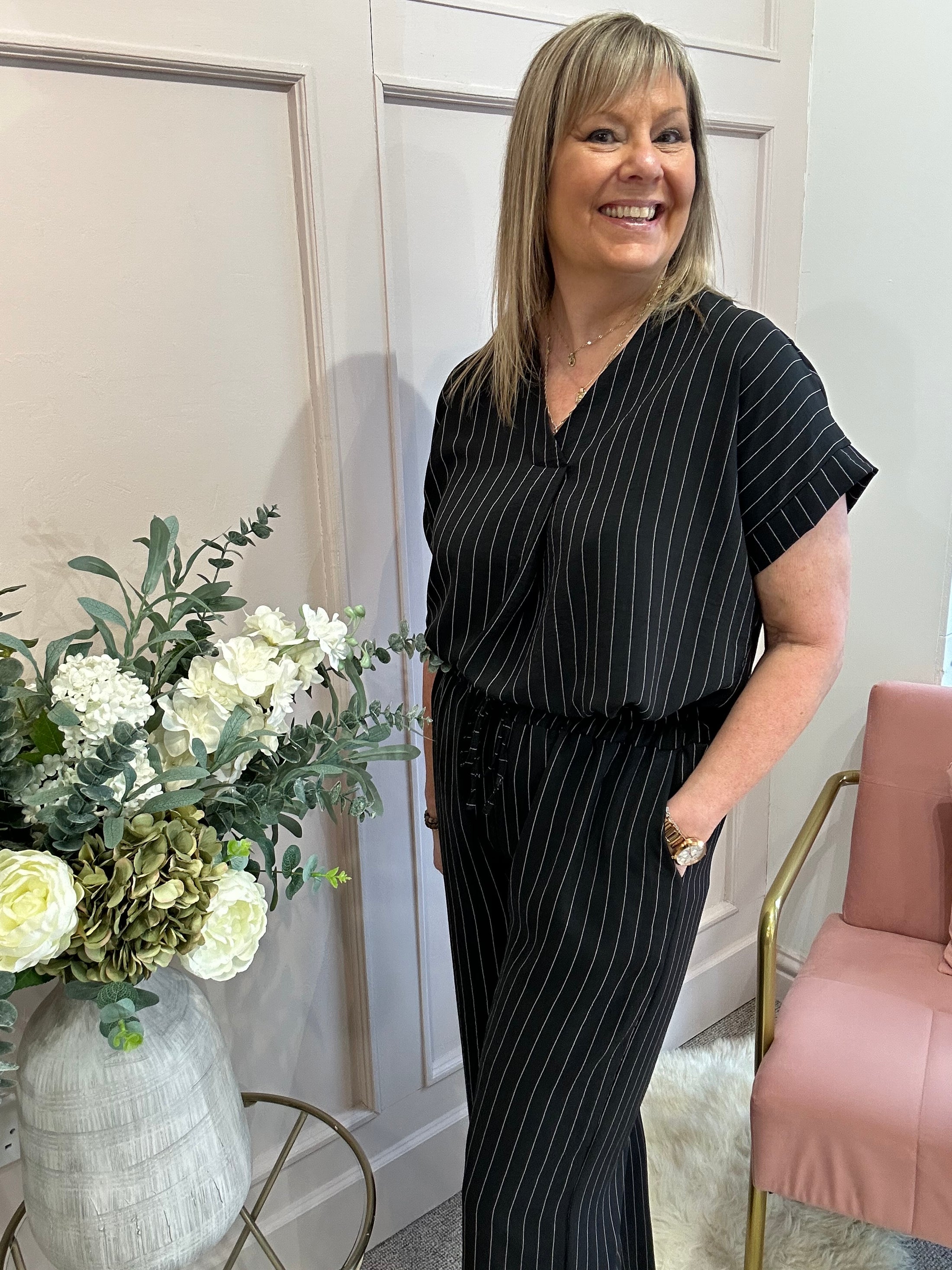 Pinstriped V Neck Top & Pant Set - Black/White - Wardrobe By Simone