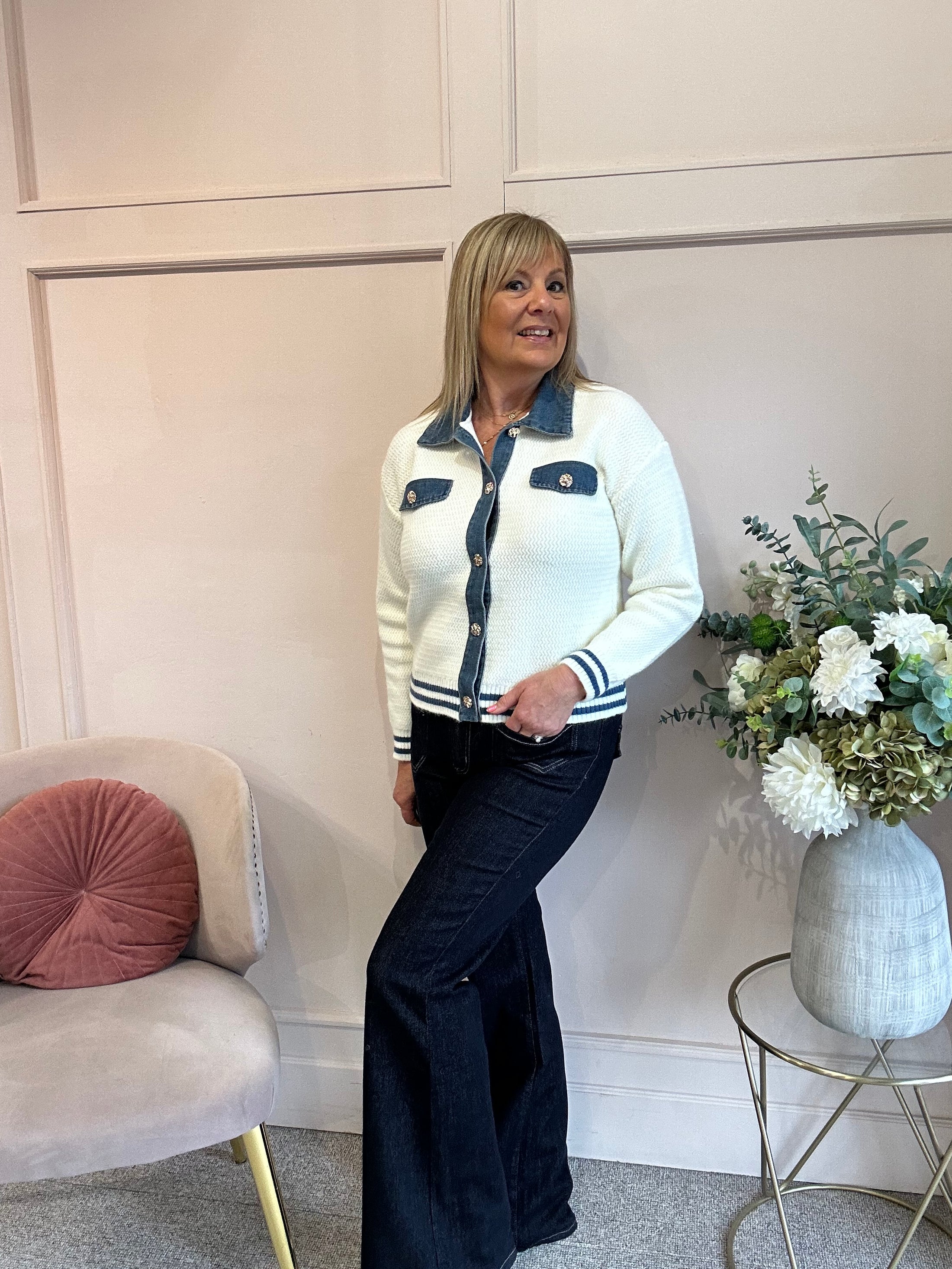 Denim Collar Cardigan Jacket - Cream/Denim