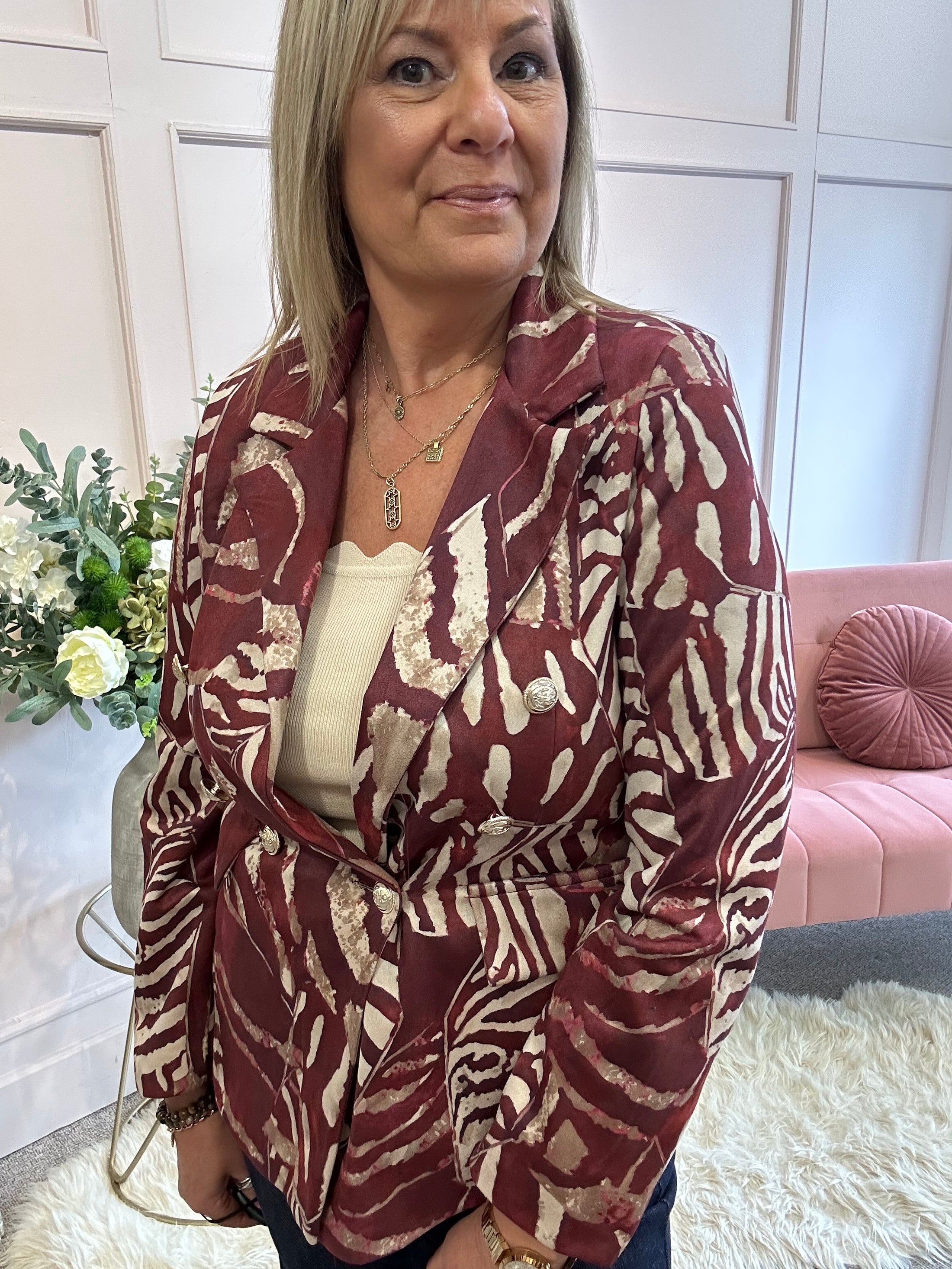 Leafy Double Breasted Jacket - Burgundy/Cream