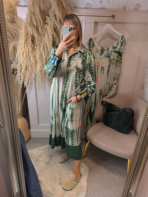 
            
                Load image into Gallery viewer, Embroidery Detailed Tie Dye Shirt Dress - Green - Wardrobe By Simone
            
        