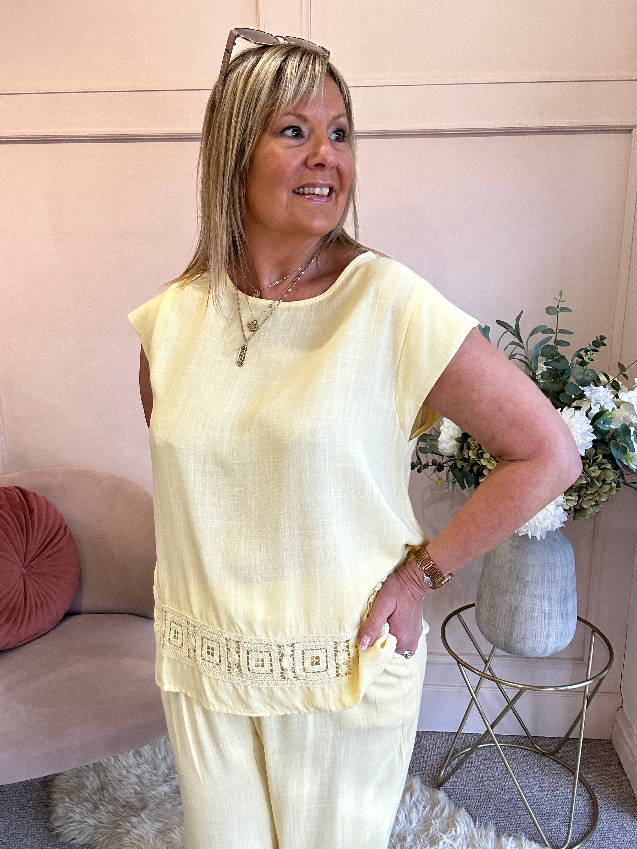 Detailed Edge Top & Pant Set - Soft Lemon - Wardrobe By Simone