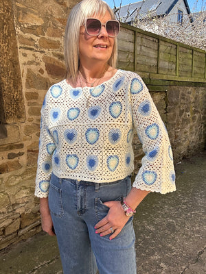 Crochet Spiral Detail Jumper - Cream/Blue