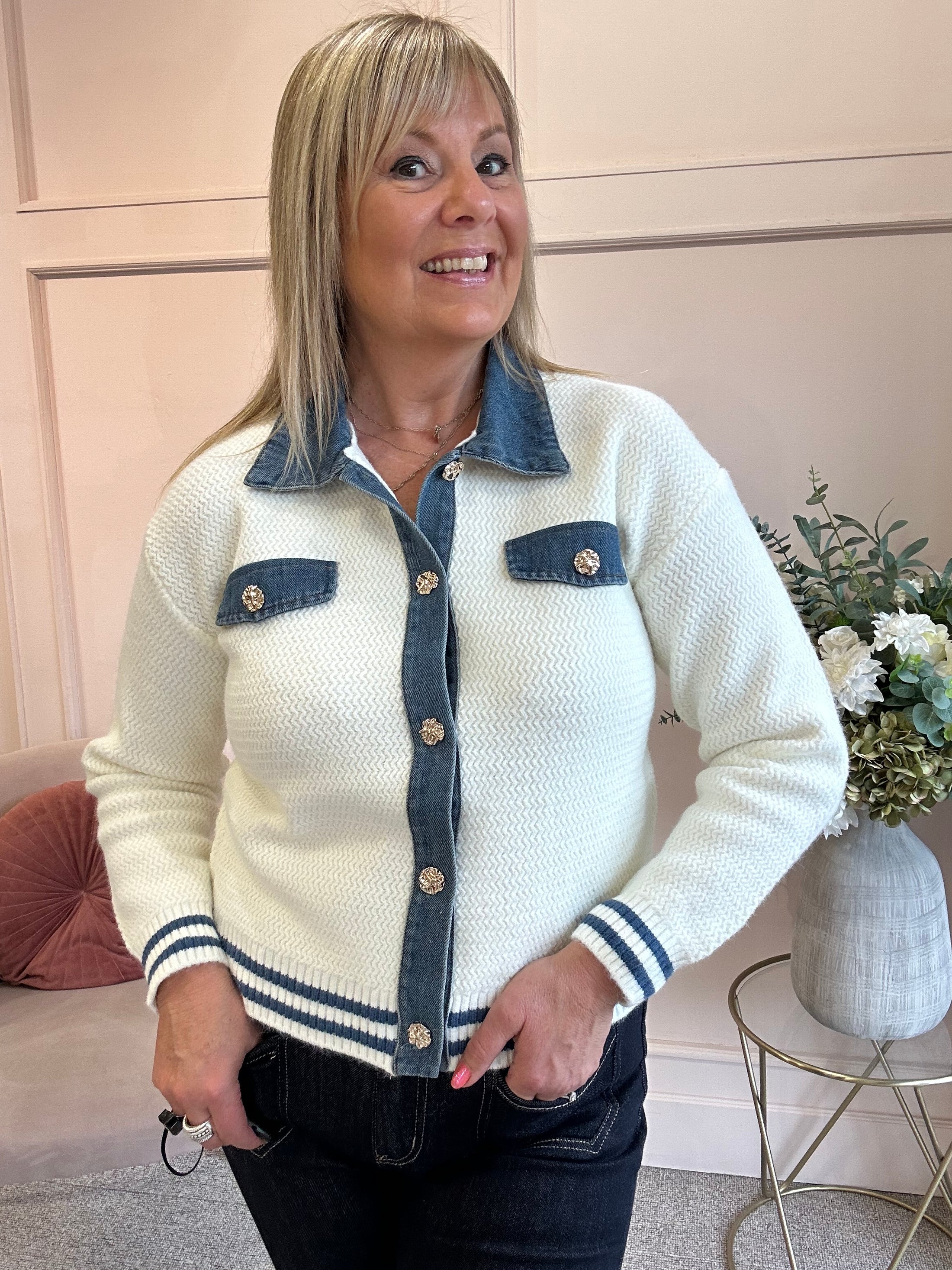 Denim Collar Cardigan Jacket - Cream/Denim