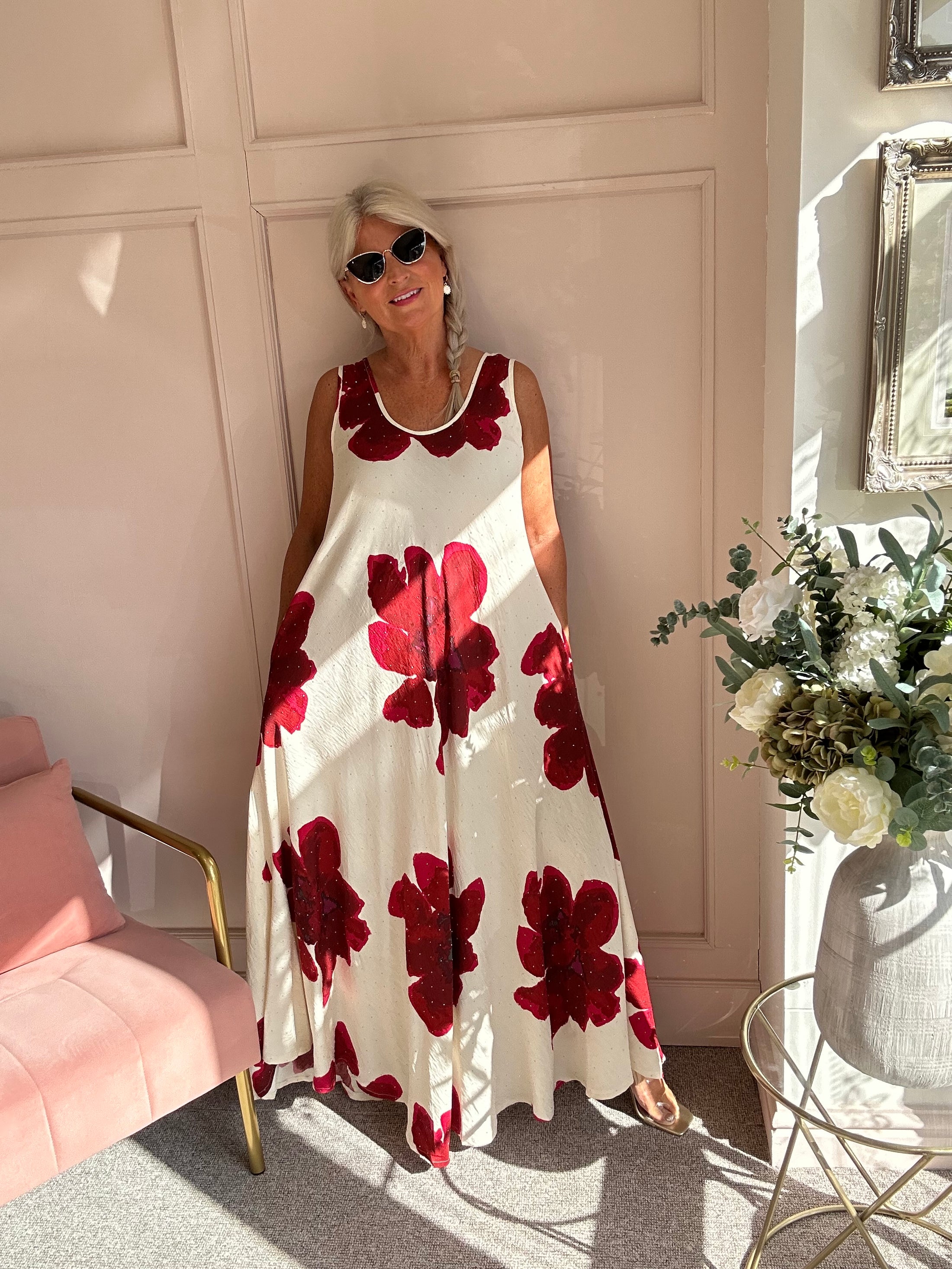 Bold Flower Maxi Sundress - Red/Cream - Wardrobe By Simone