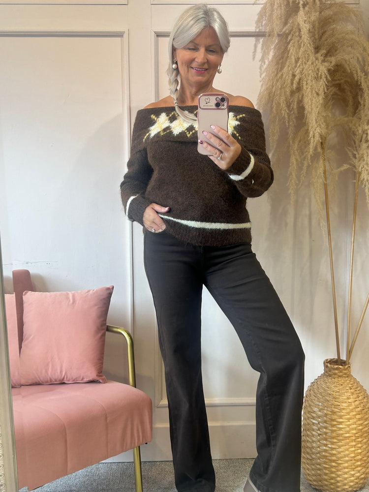 Off Shoulder Jumper - Brown/Mustard