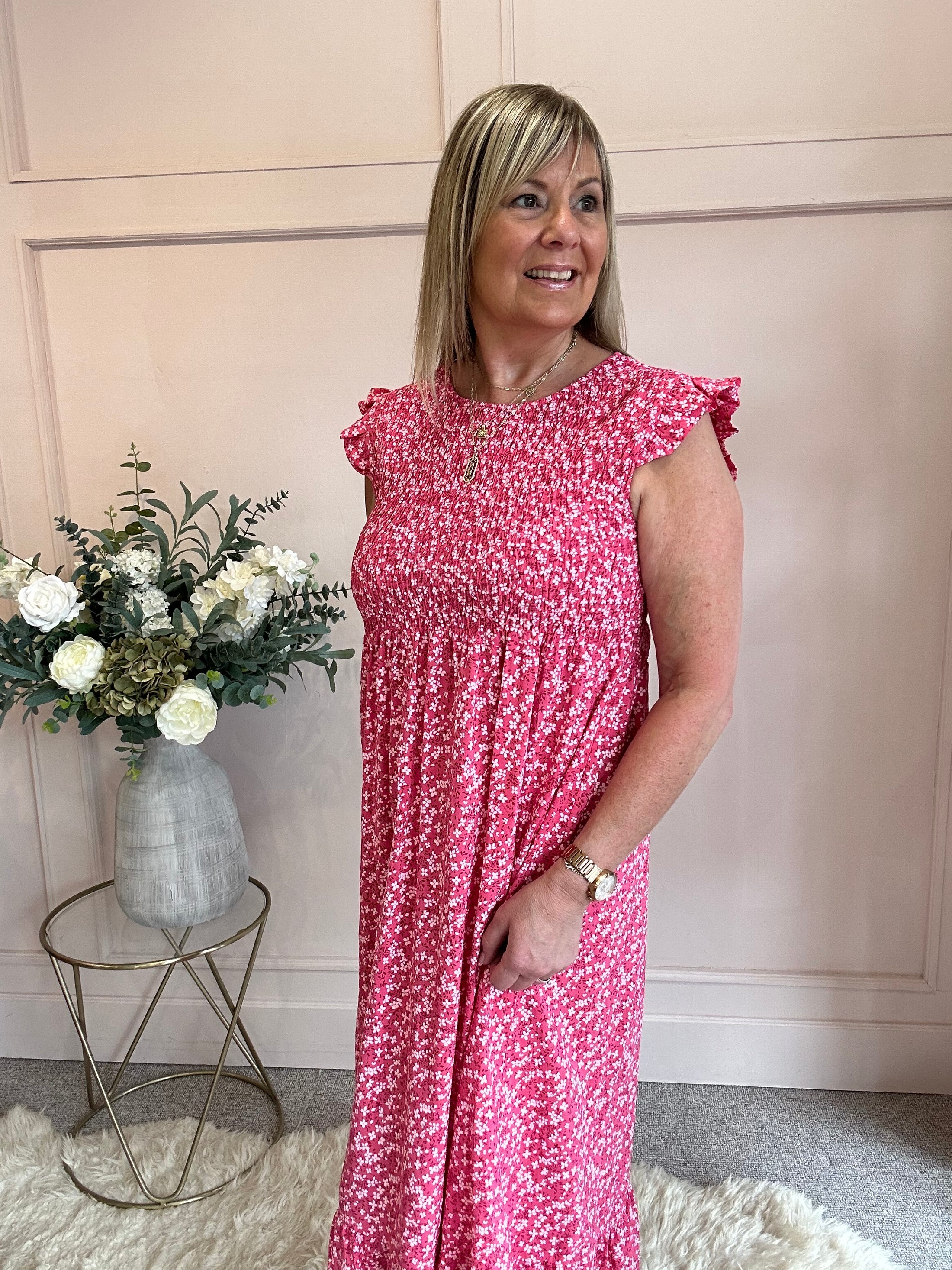 Ditsy Print Dress - Fuchia One Size