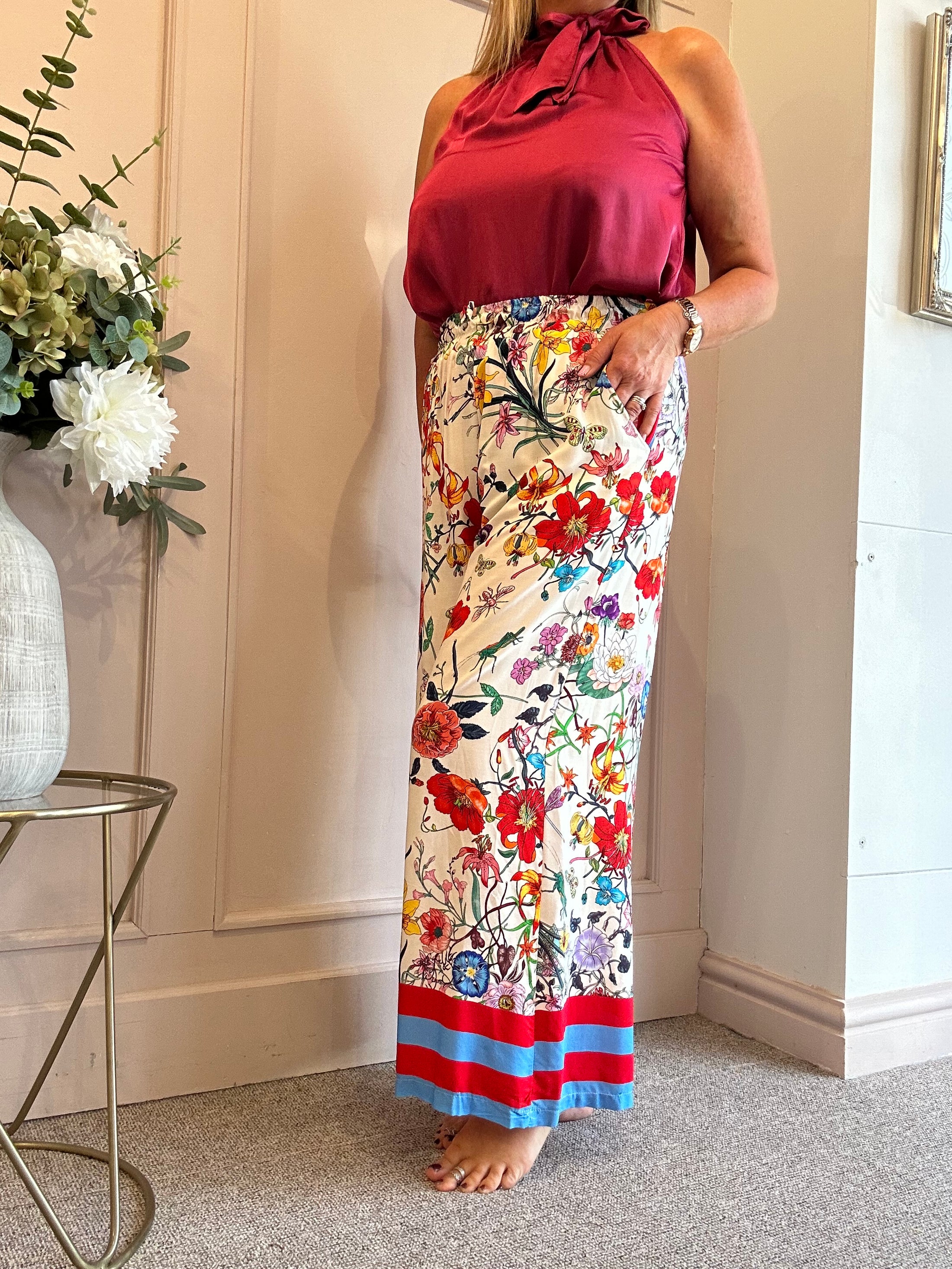 Botanical Floral Wide Pant - Cream/Blue