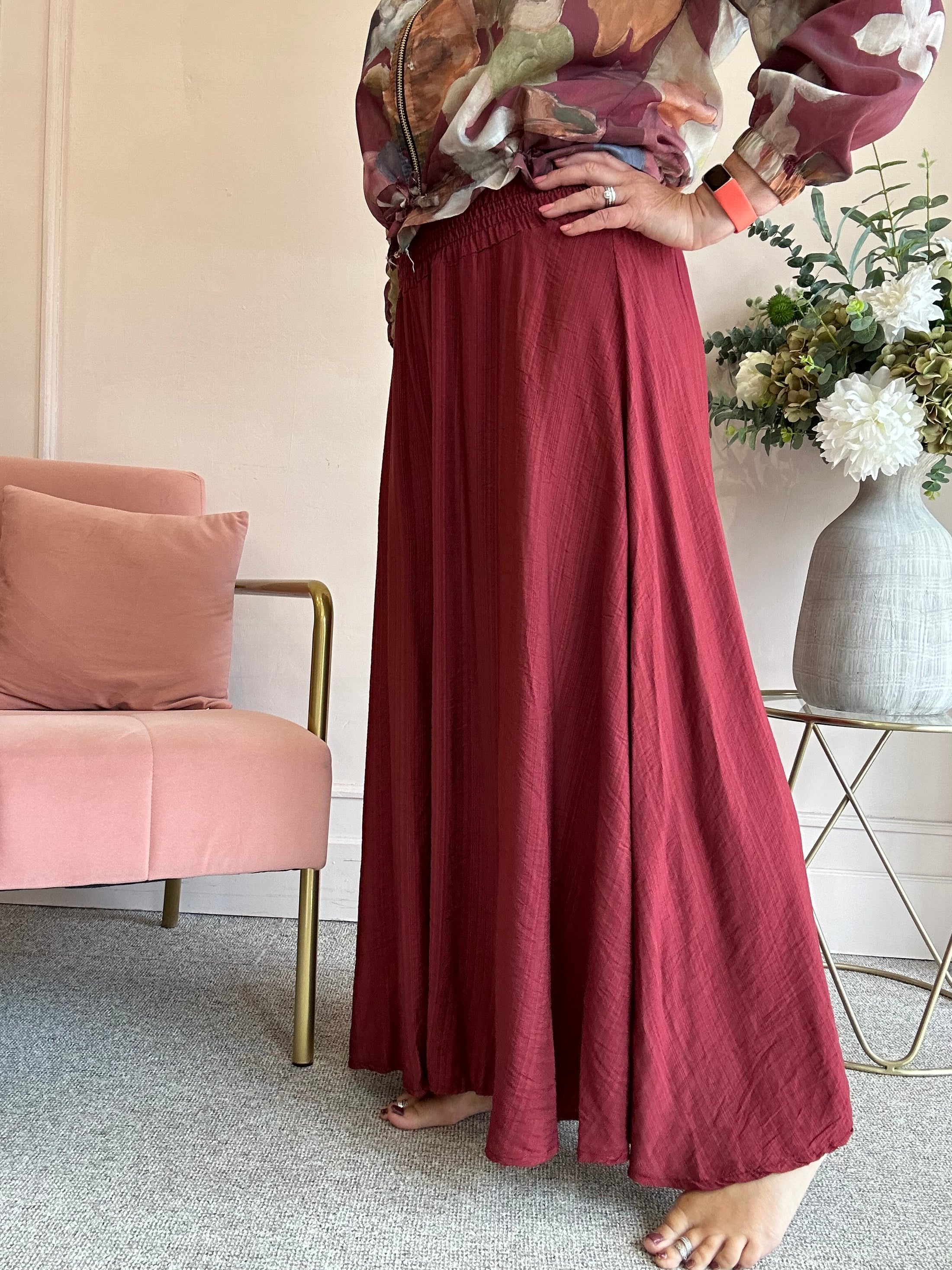 Deep Elasticated Waist Wide Pant - Burgundy