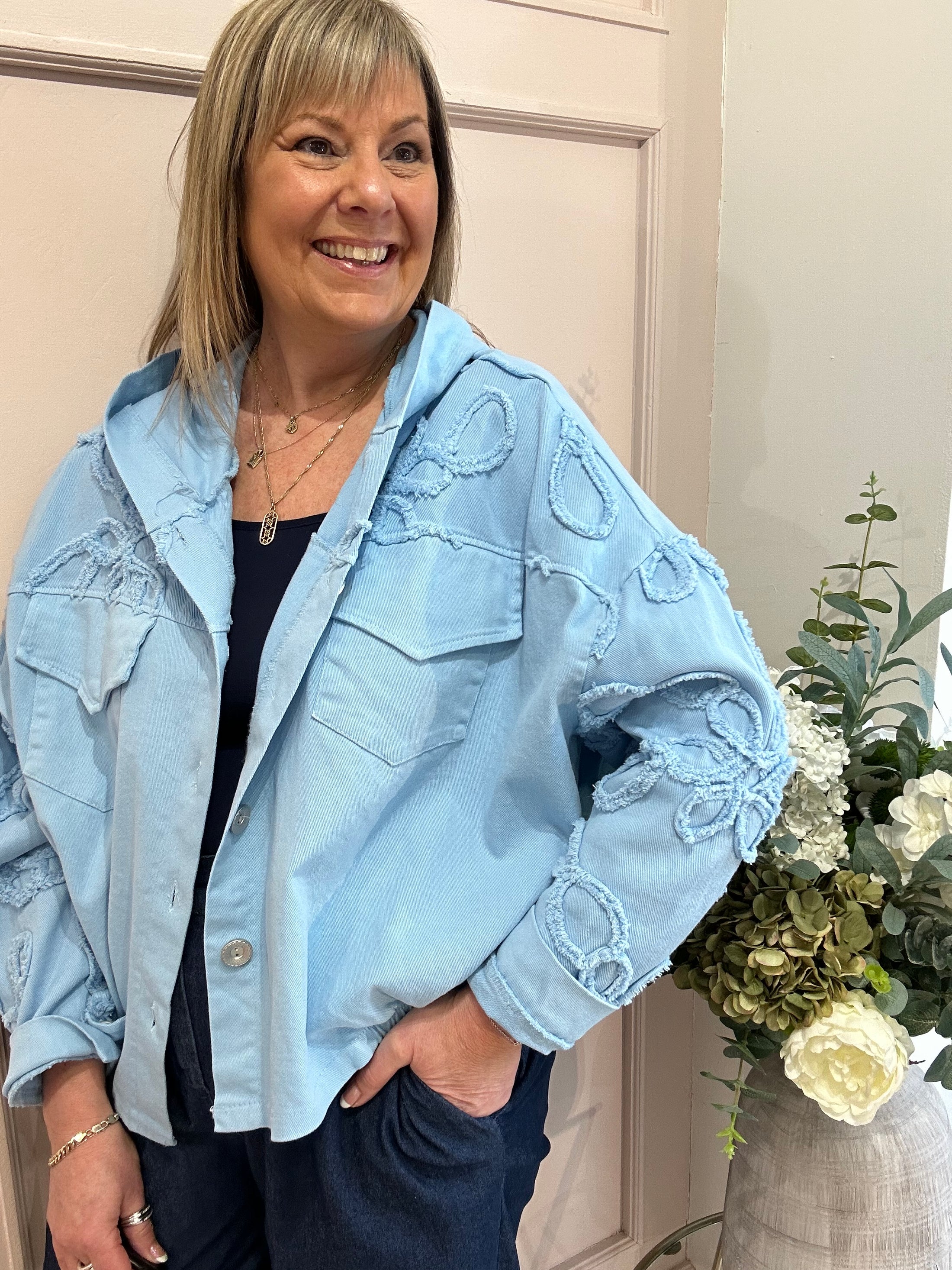 Denim Hooded Jacket - Powder Blue - Wardrobe By Simone