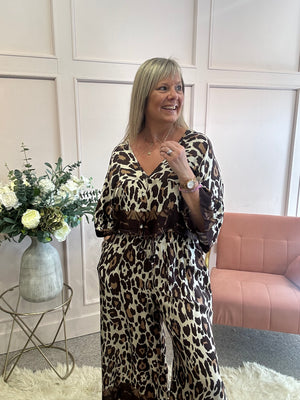 Leopard Top & Wide Pant Set - Brown/Cream