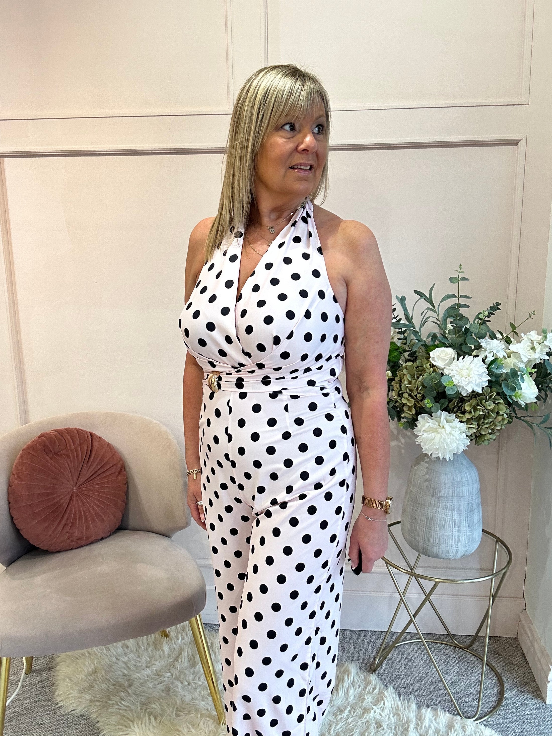 Halter Neck Polka Dot Jumpsuit - Soft Pink/Black - Wardrobe By Simone
