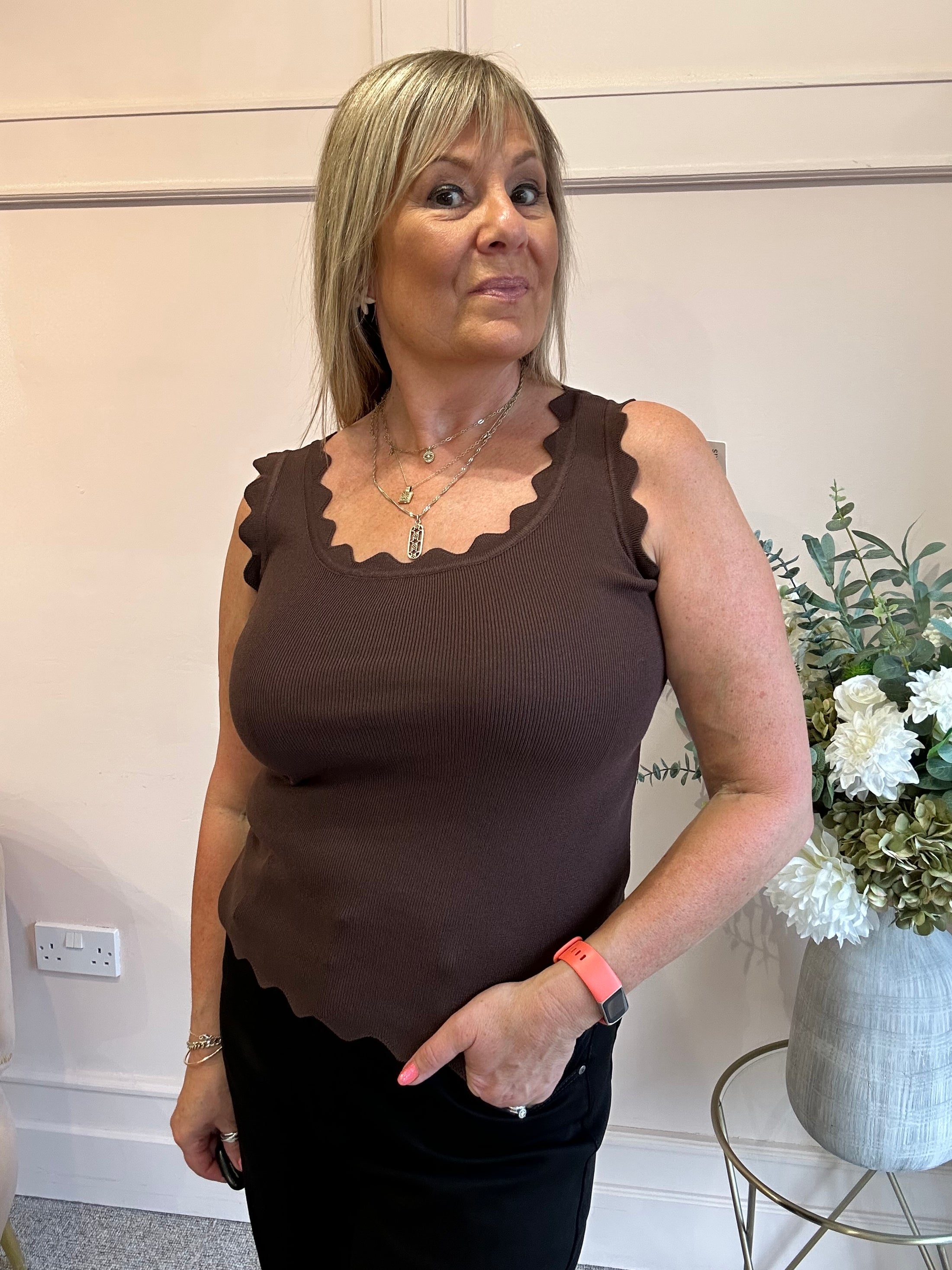 Scalloped Edged Vest Top - Brown