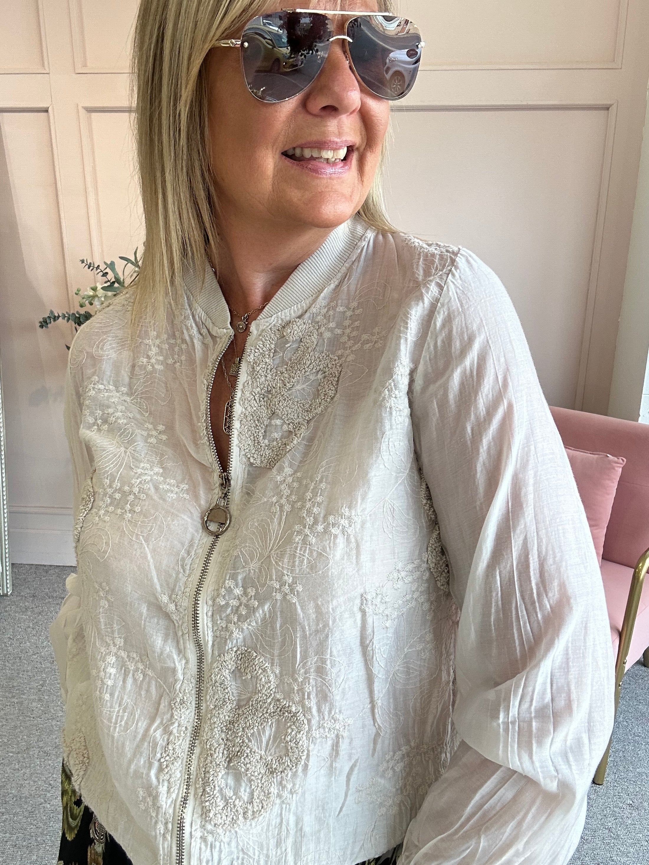 Embossed Floral Zip Jacket - Light Beige