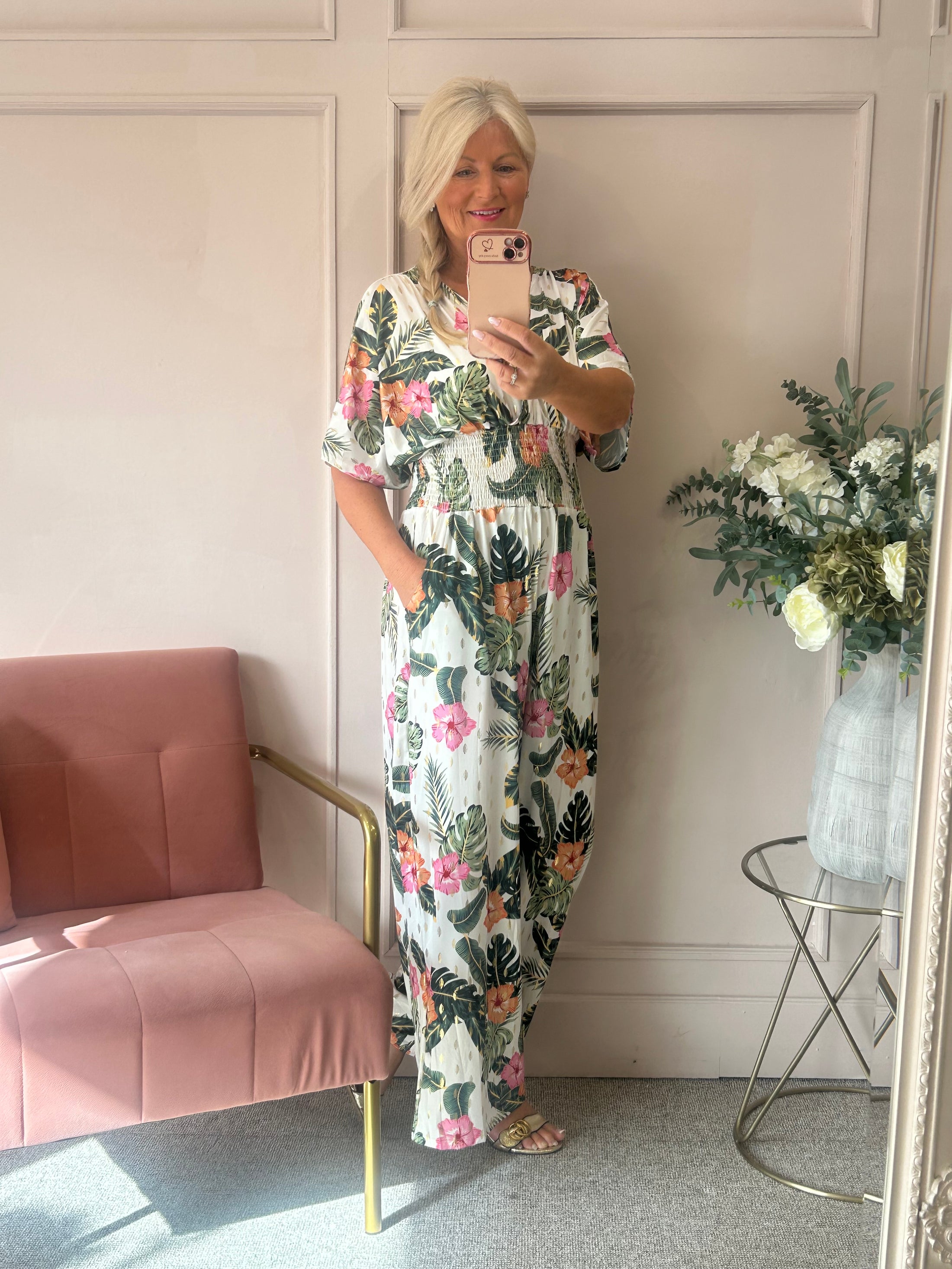 Botanical Flowers Slinky Jumpsuit - White/Green - Wardrobe By Simone