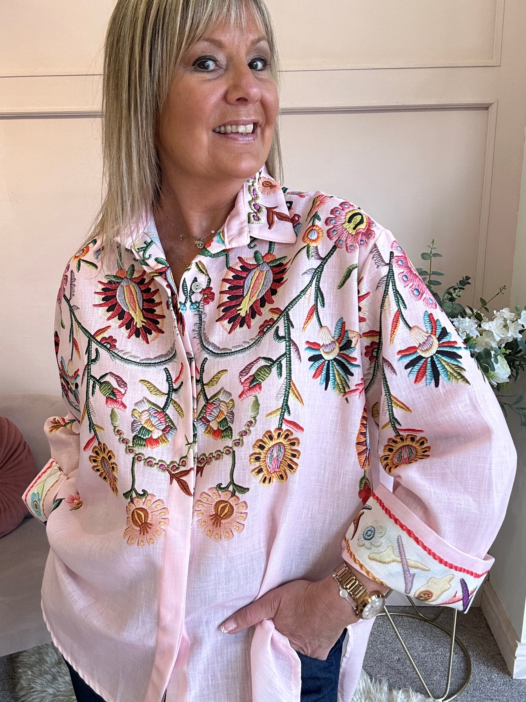 Cascading Floral Print Shirt  - Pink/MIx - Wardrobe By Simone