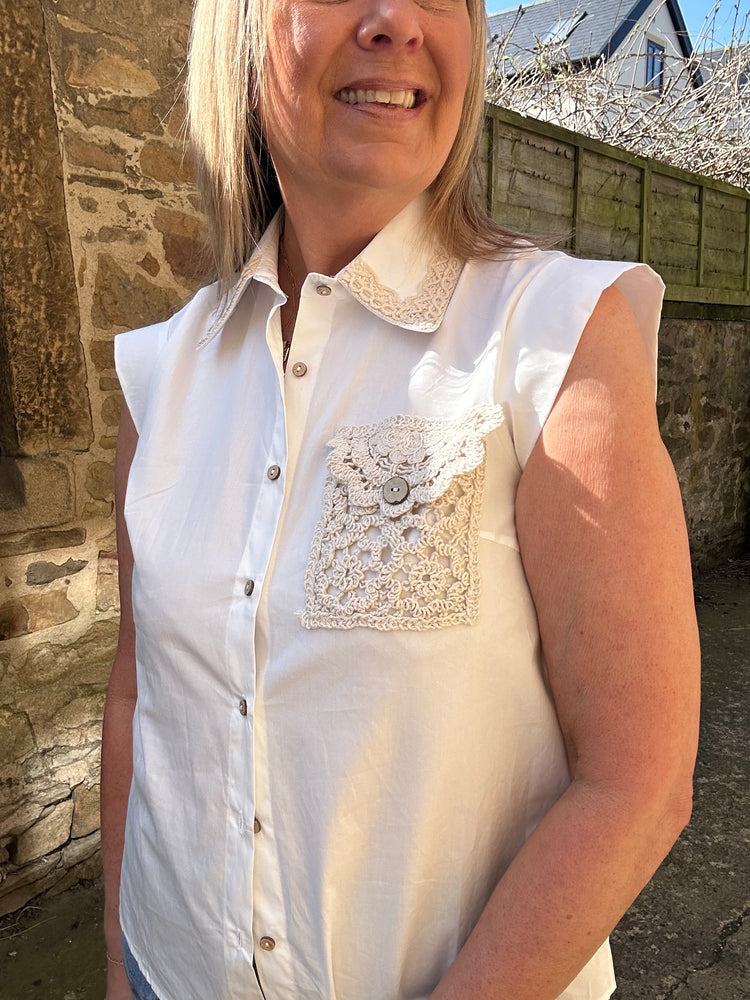 Crochet Collar Edged Sleeveless Shirt - Pale Cream