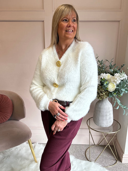 Fluffy Gold Button Cardigan - Winter White