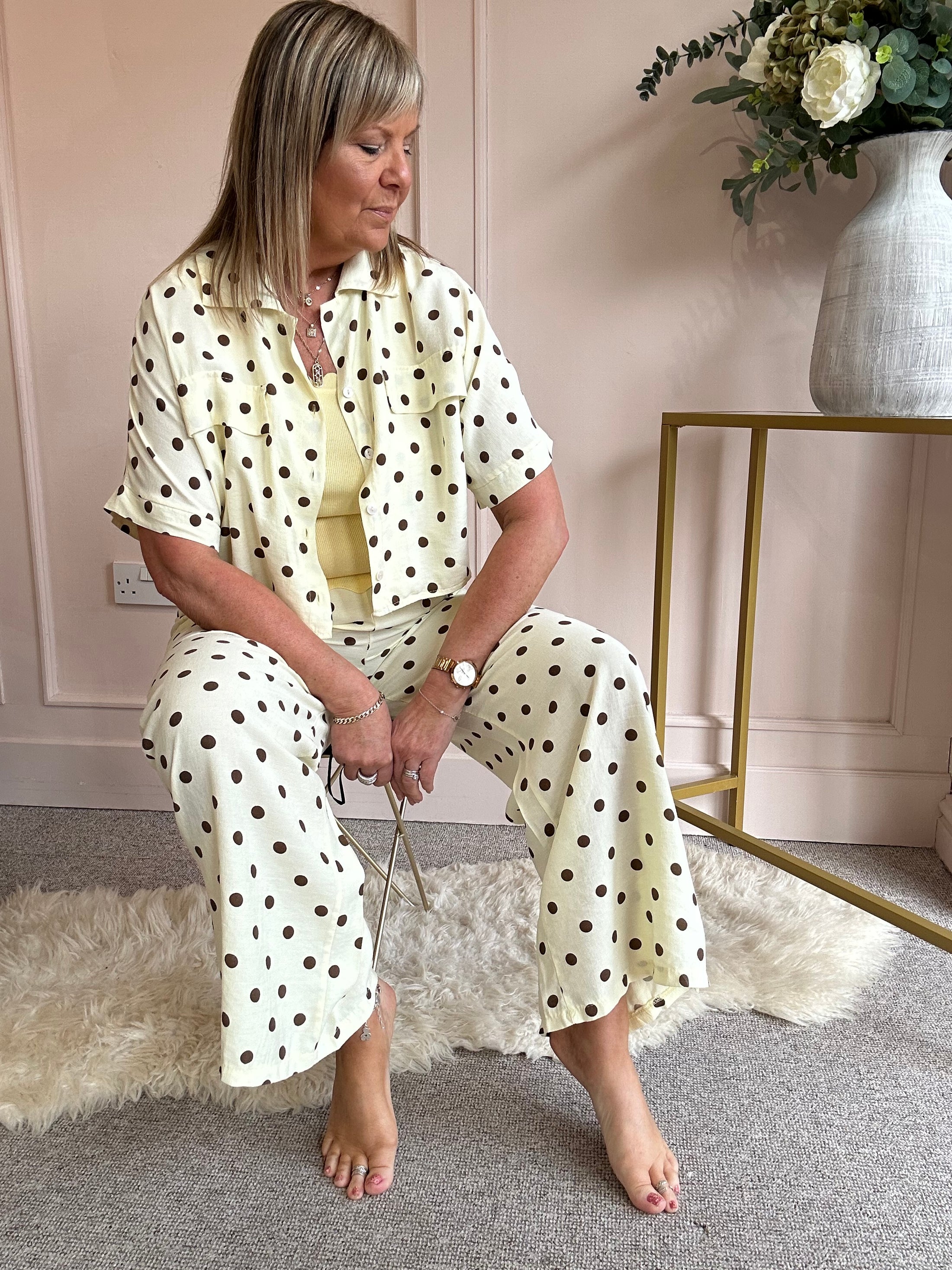 Polka Dot Shirt Pant  Set - Lemon/Brown - Wardrobe By Simone