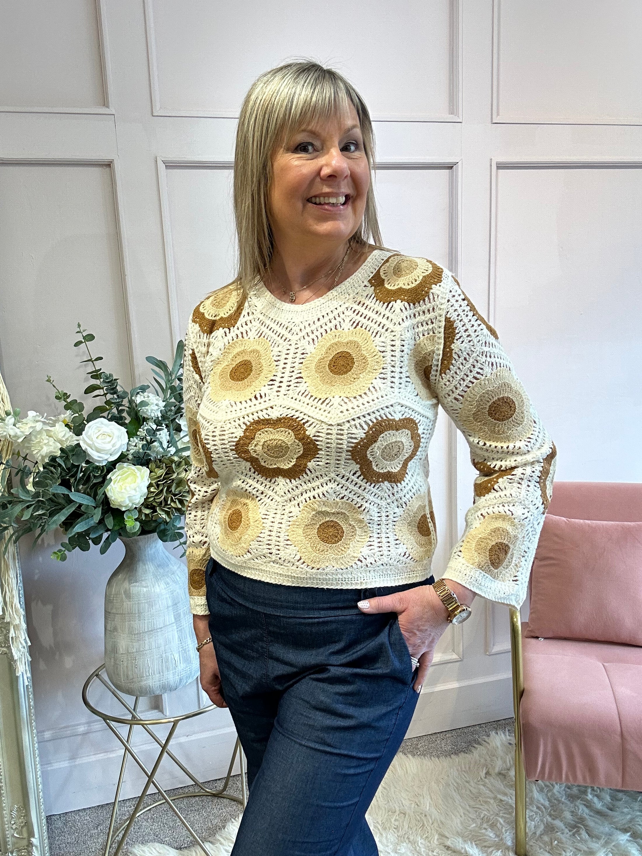 Crochet Jumper - Cream/Tan - Wardrobe By Simone