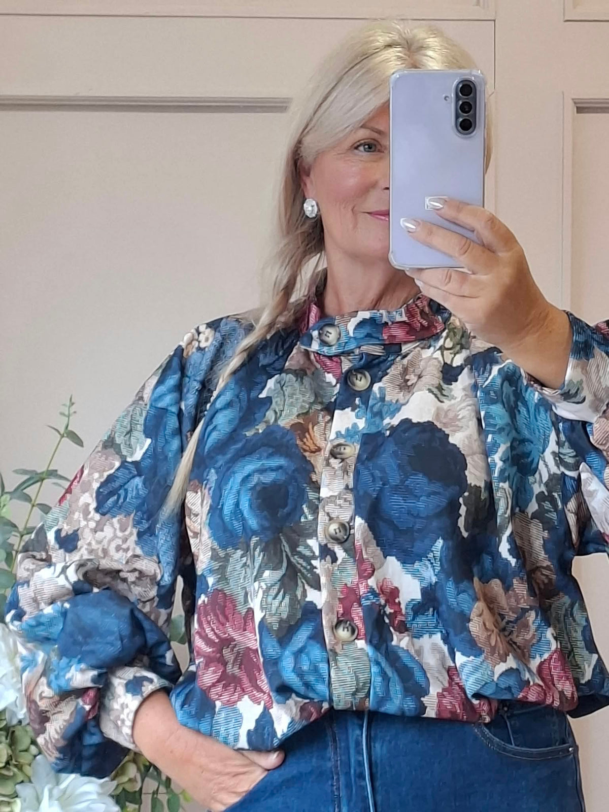 Floral Print Shirt/Jacket - Blue/Cream