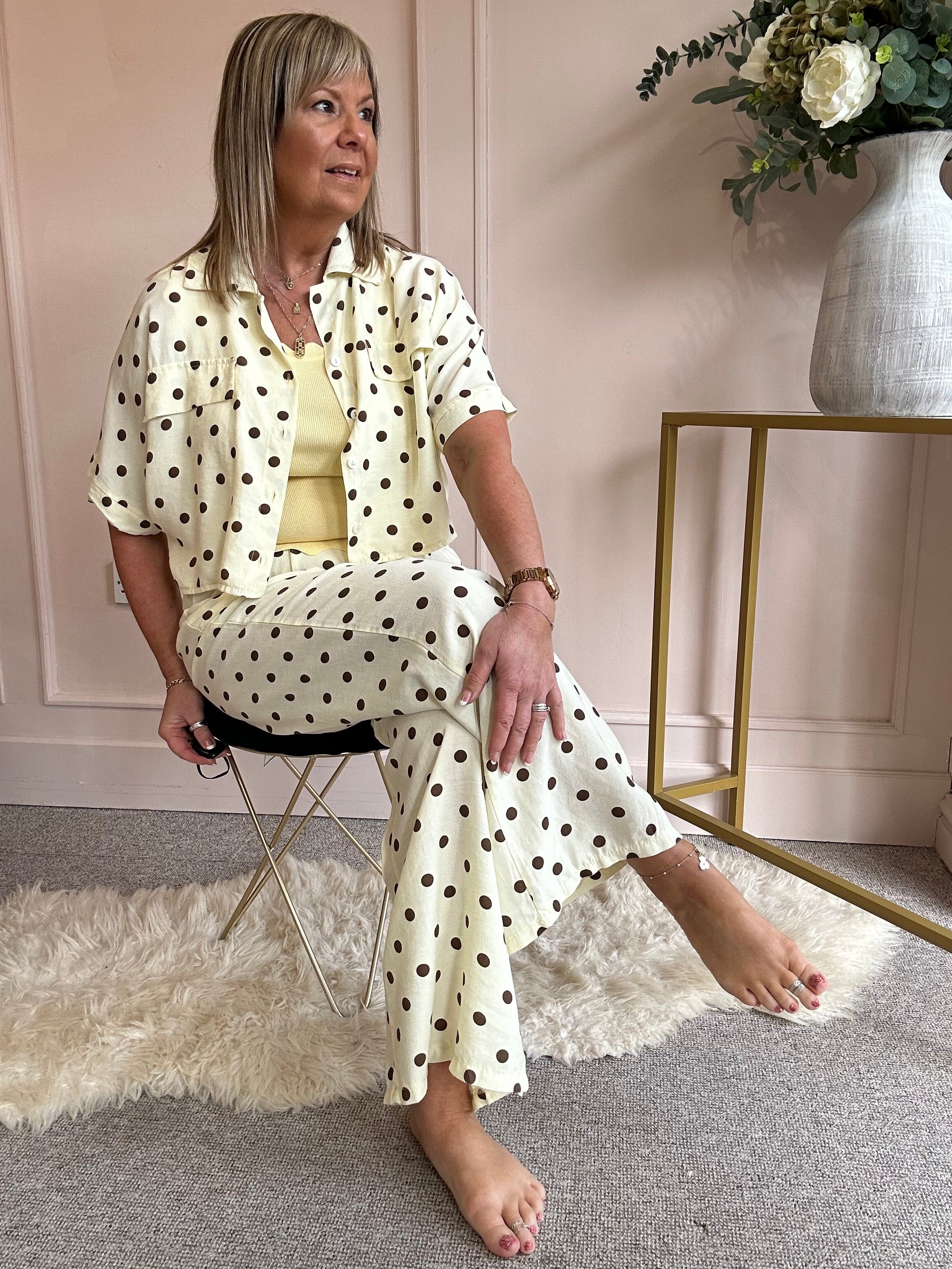 Polka Dot Shirt Pant  Set - Lemon/Brown - Wardrobe By Simone