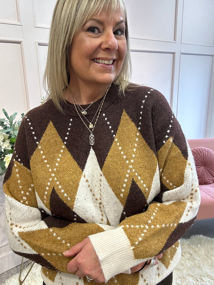 Harlequin Pattern Jumper - Brown/Camel