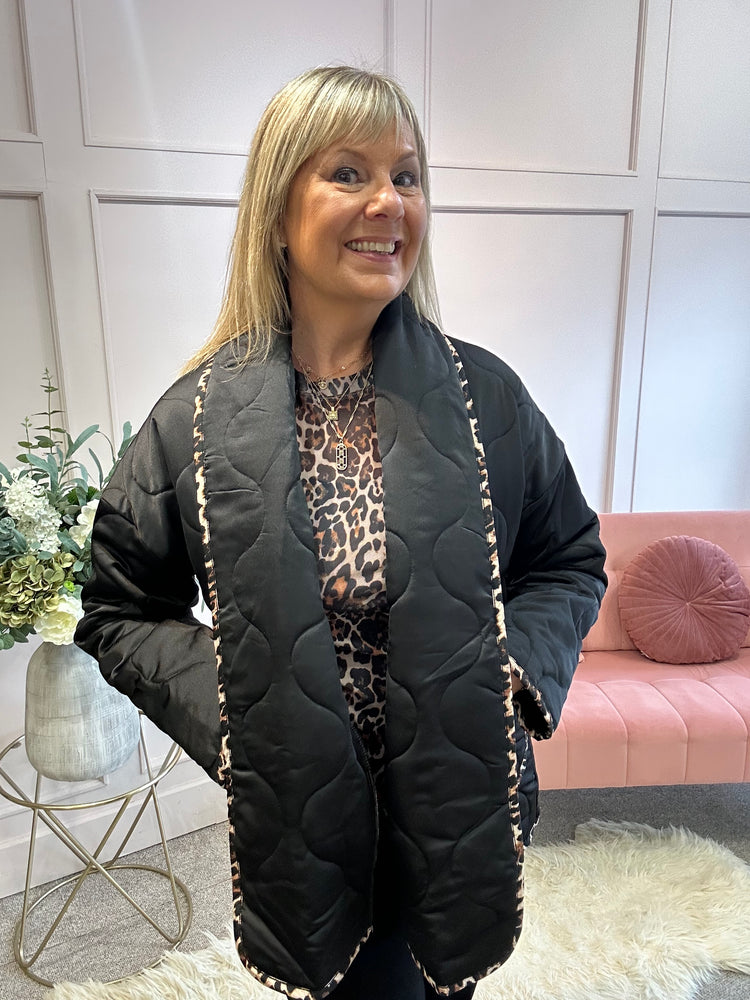 Quilted Jacket - Black/ Leopard