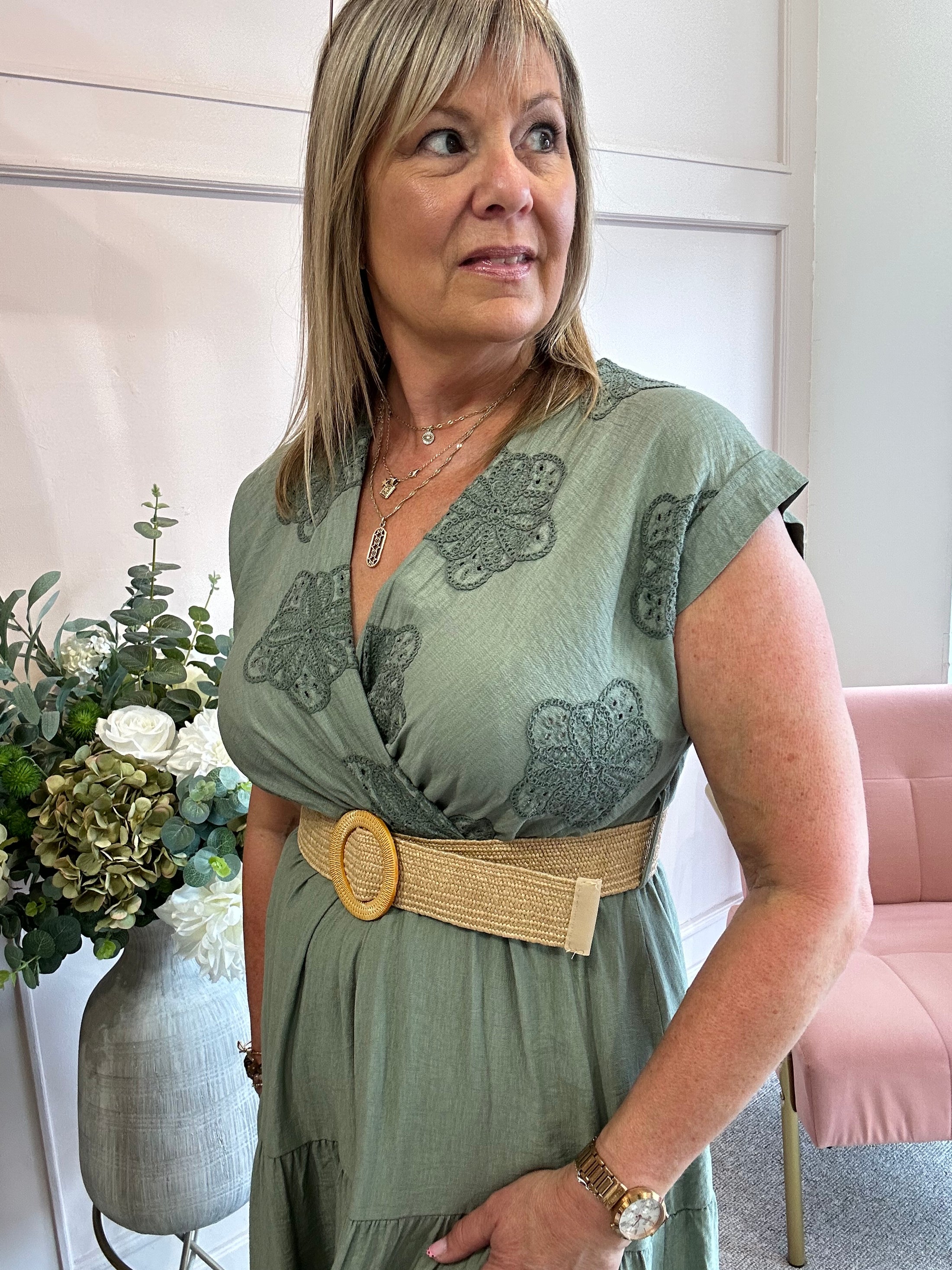 Flower Detail Belted Midi Dress - Khaki