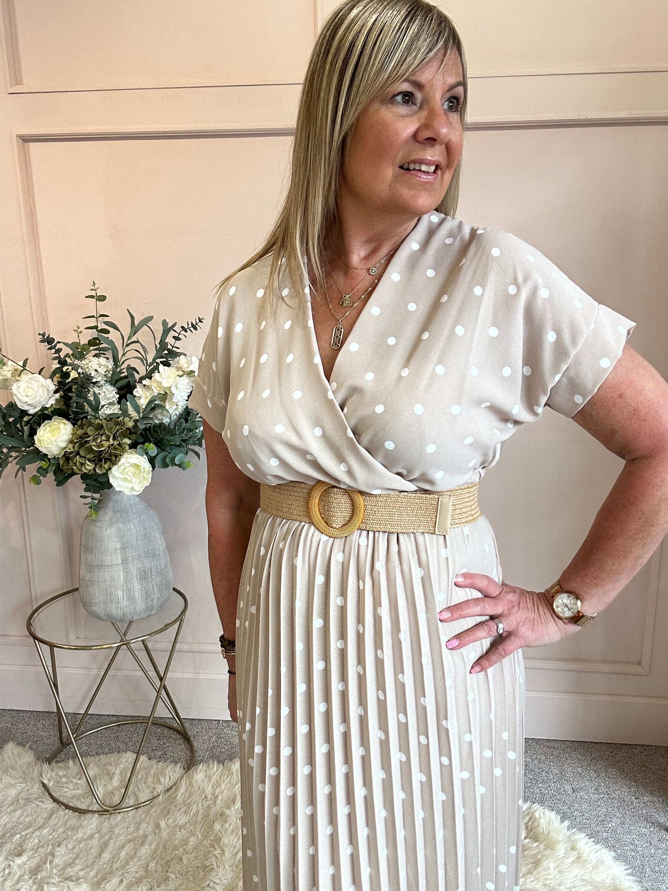Spotty Pleated Dress- Beige One Size