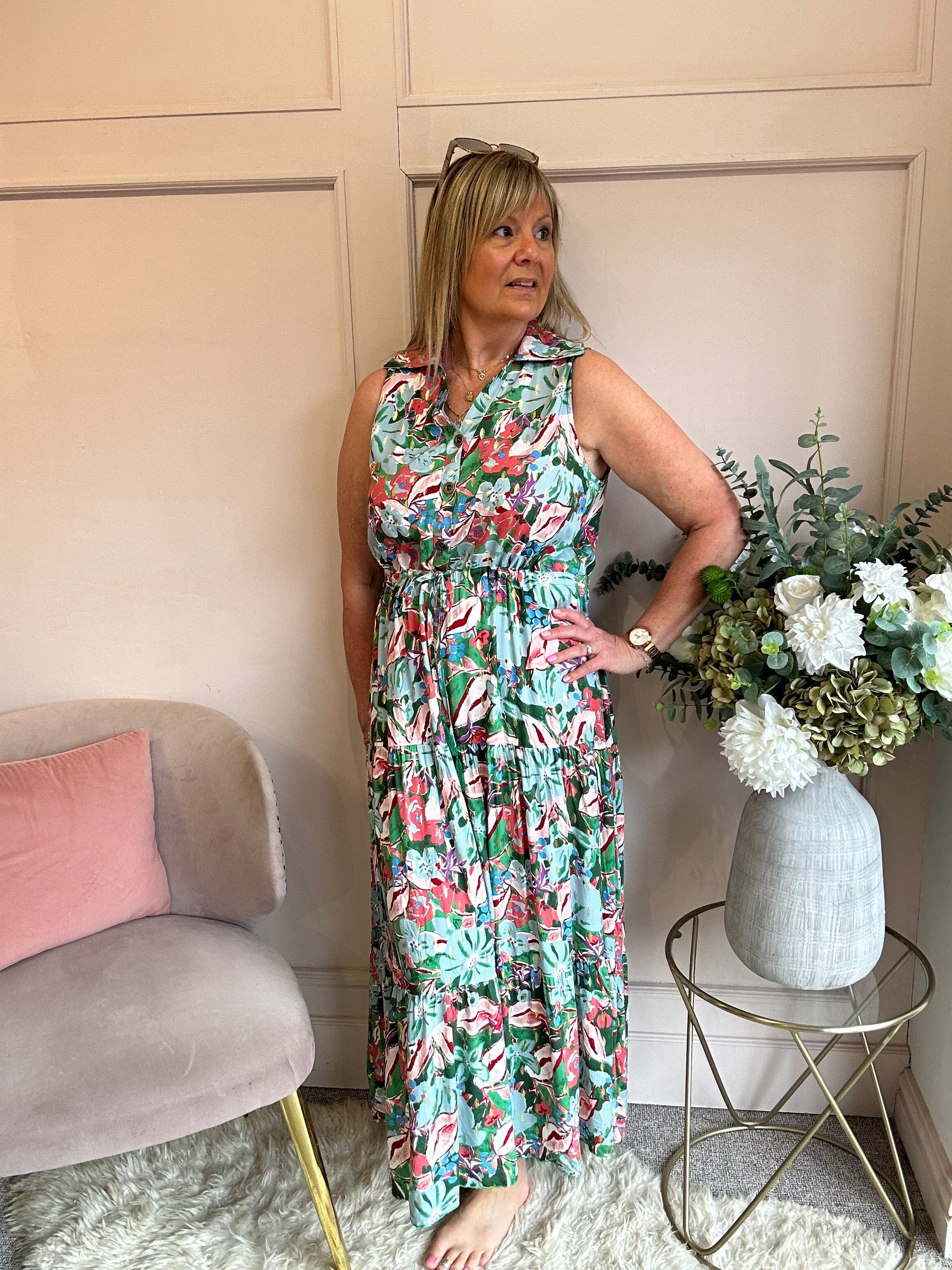 Meadow Garden Maxi Dress - Green/Coral - Wardrobe By Simone